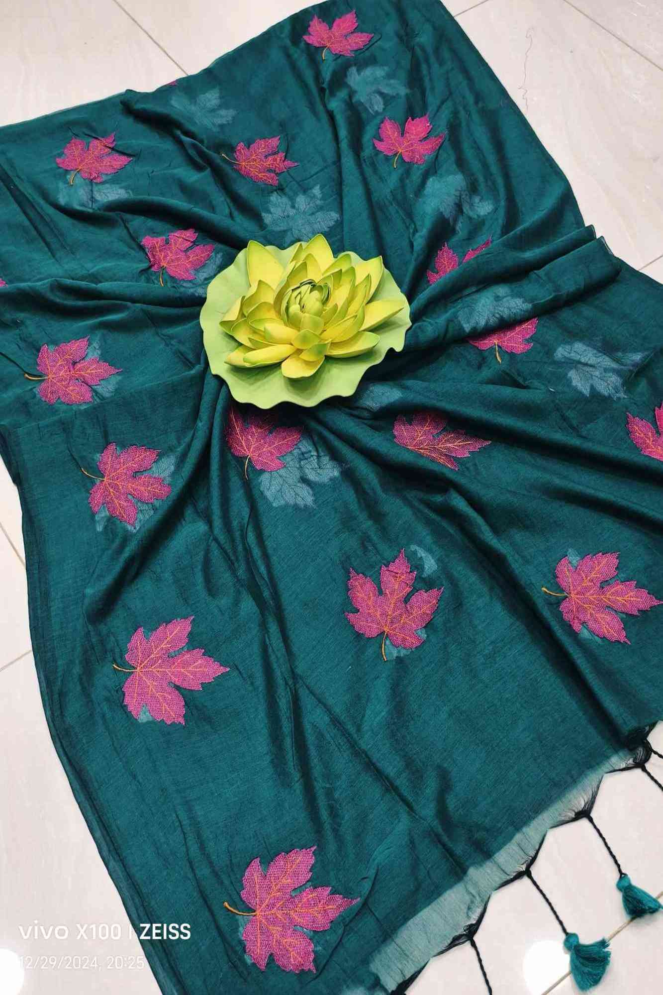 Leave Embroidered Teal Green Mul Cotton & tassel on pallu Ready To Wear Saree