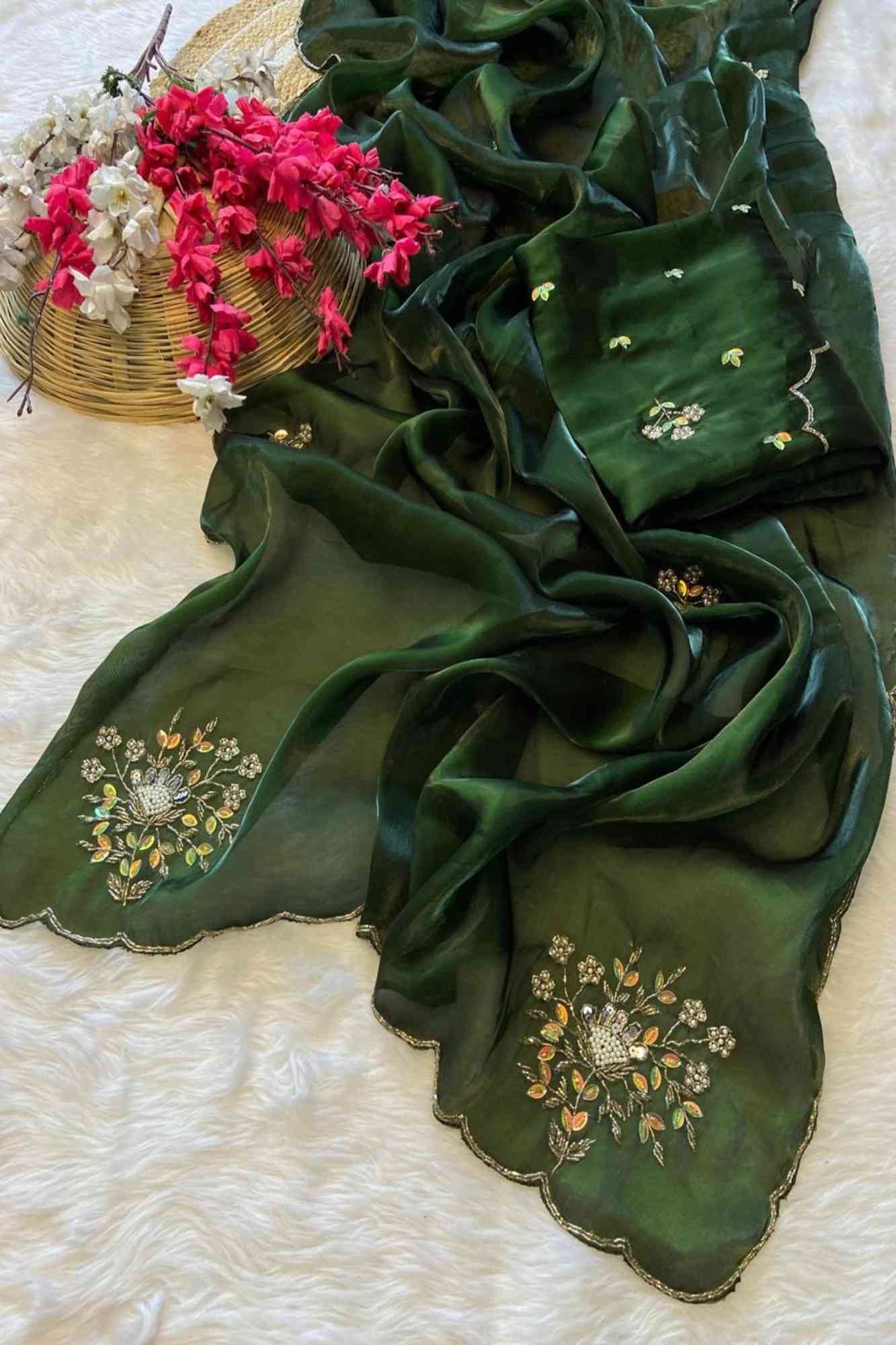 Ready to wear saree chiffon Silk With Intricate Hand Work Butti & Khatli Cutdana Border Wrap in 1 minute Saree