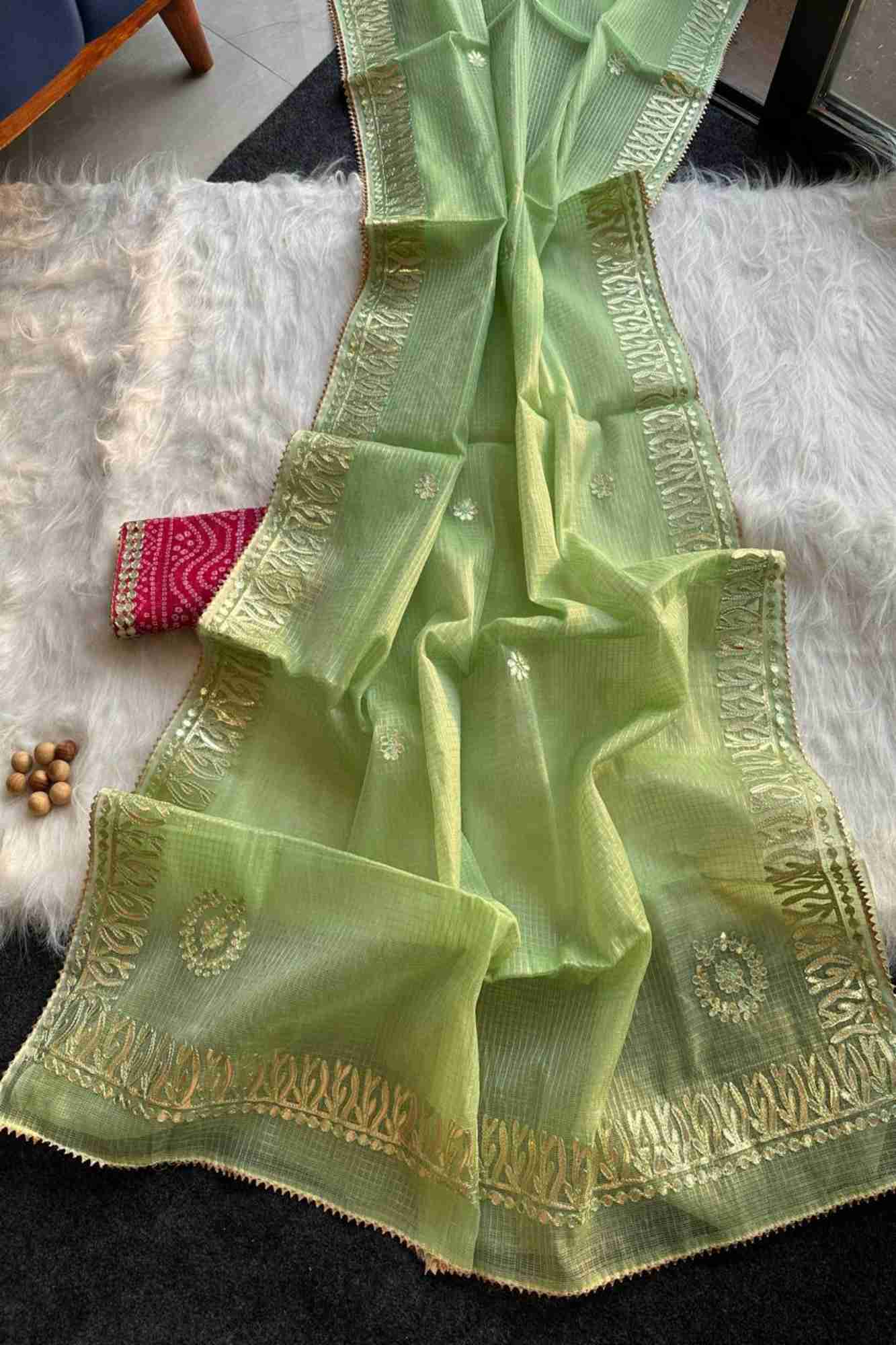 Gorgeous Green Kota Doriya Cotton with Thread Embroidery & beautiful Rajasthani Gota Patti Wrap in 1 minute Saree