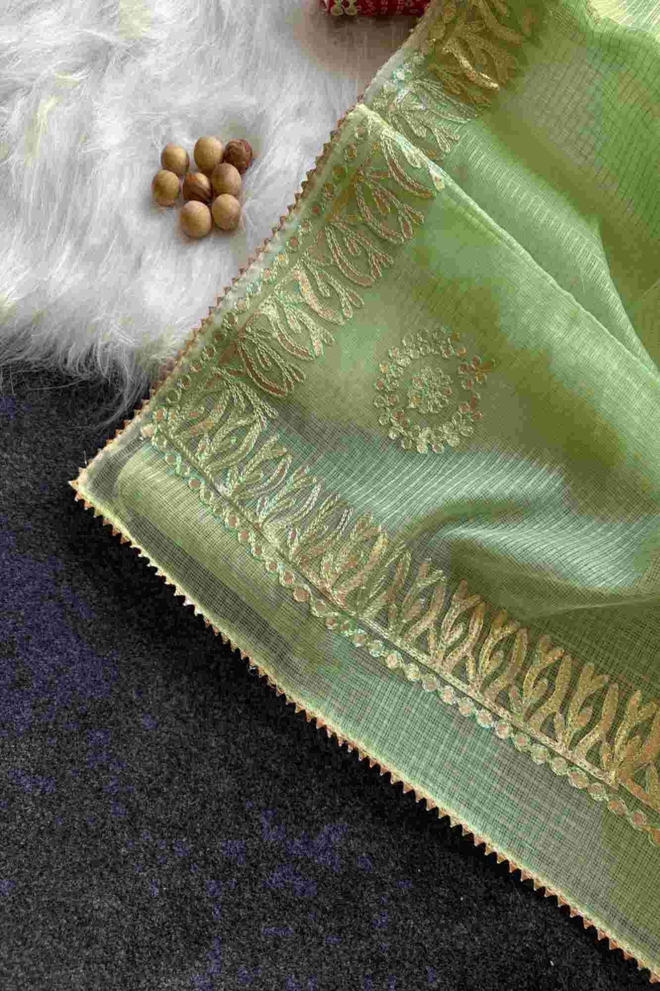 Gorgeous Green Kota Doriya Cotton with Thread Embroidery & beautiful Rajasthani Gota Patti Wrap in 1 minute Saree