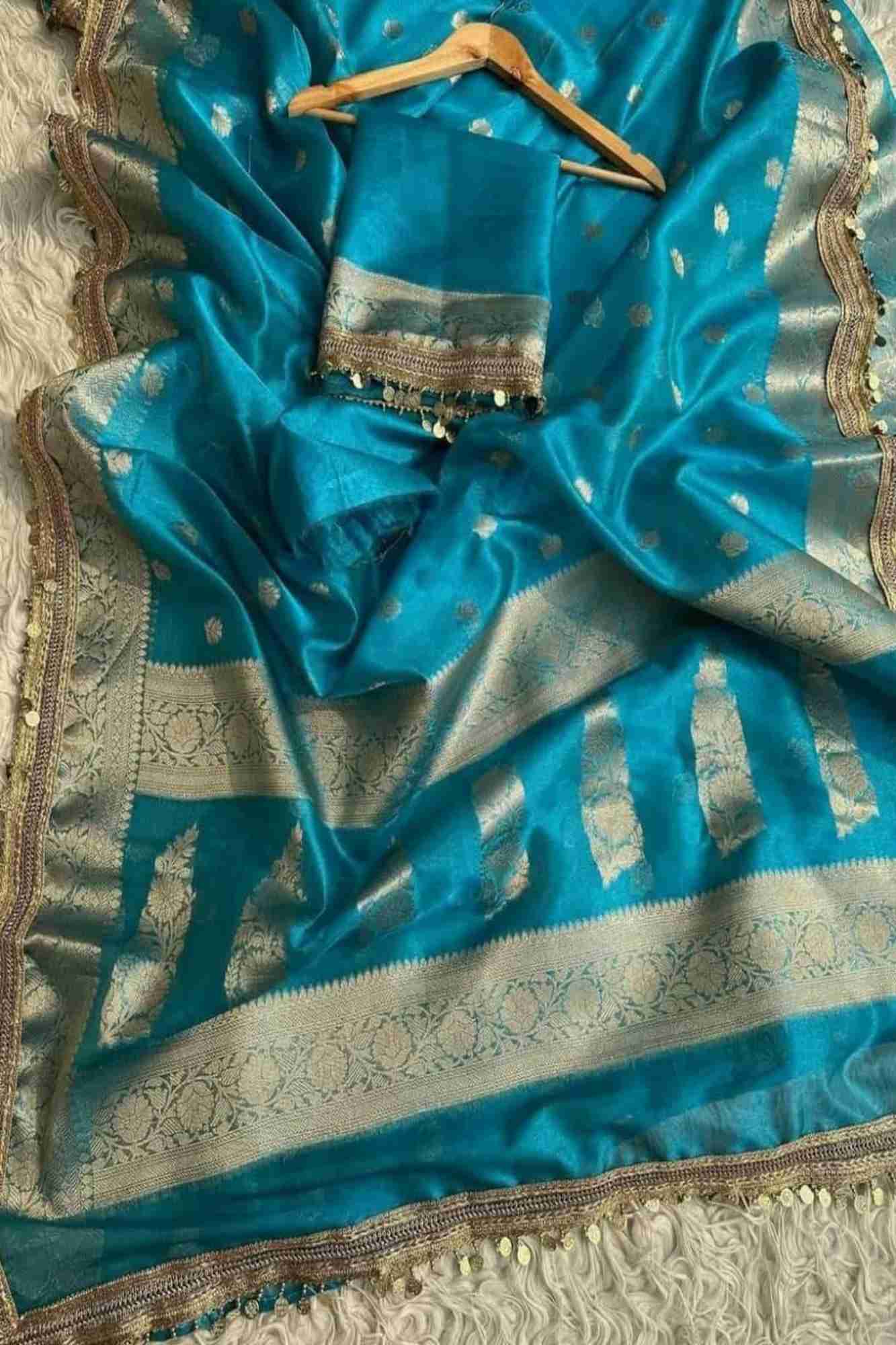 Maharani Tissue Silk With Golden Zari Border And Beautiful Tikki Lace Wrap In 1 Minutes Saree