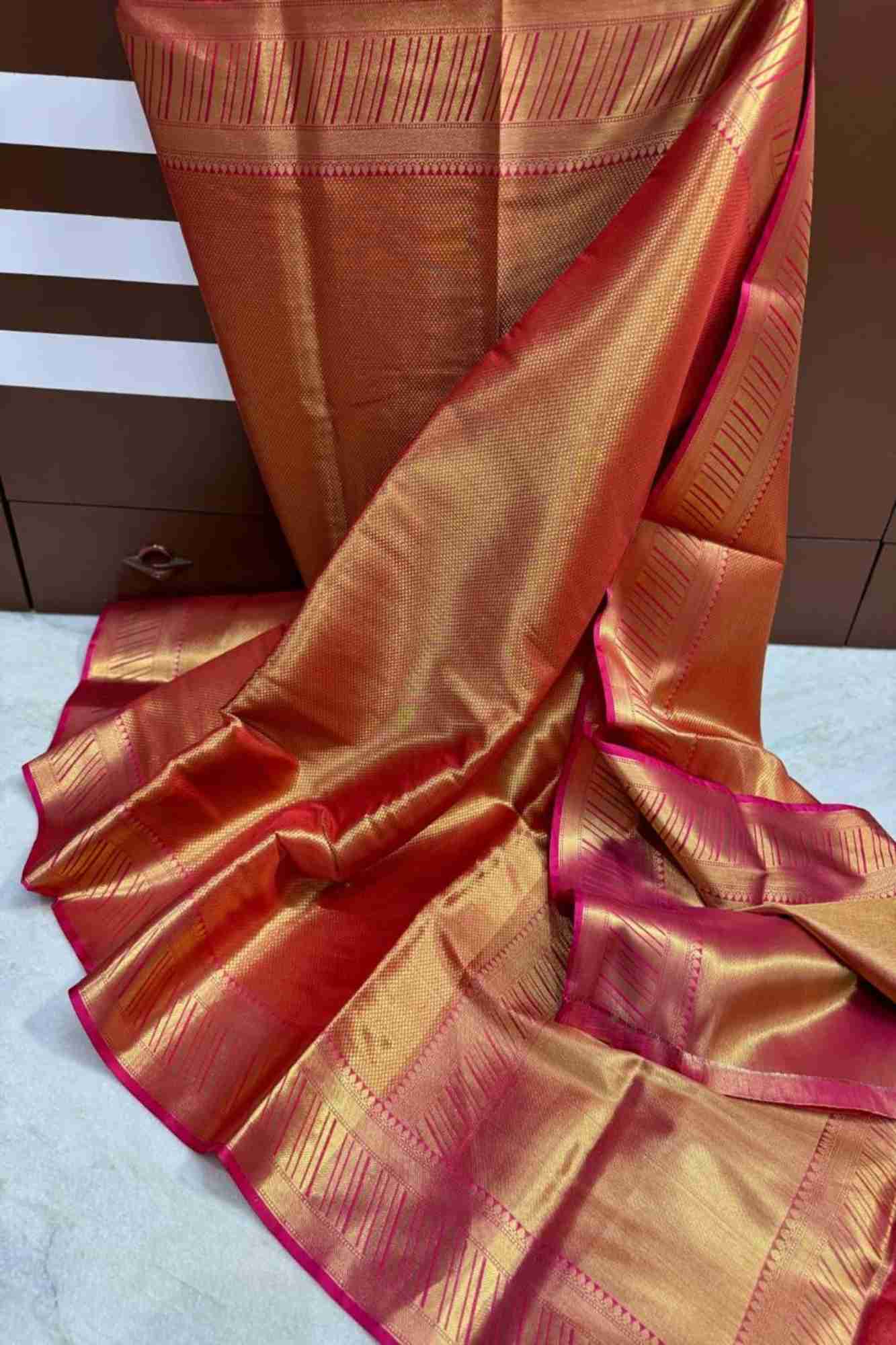 Beautiful Ready to wear Banarasi Soft Zari Tissue Silk saree with all over zari weaving & contrast border