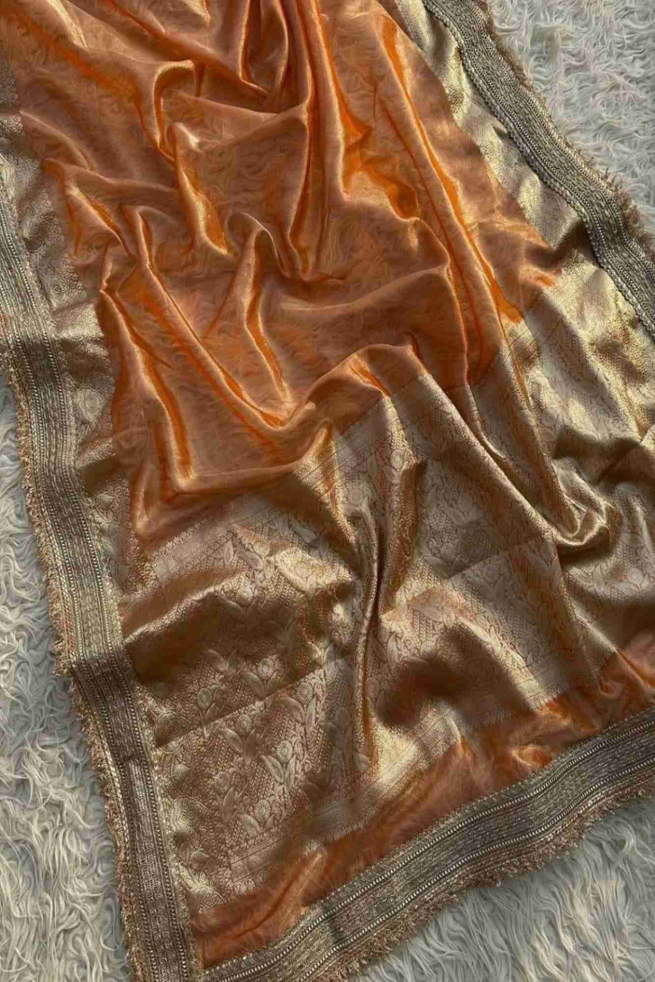 Beautiful Banarasi Tissue Silk with designer Lace Border & floral weaving Ready To Wear Saree