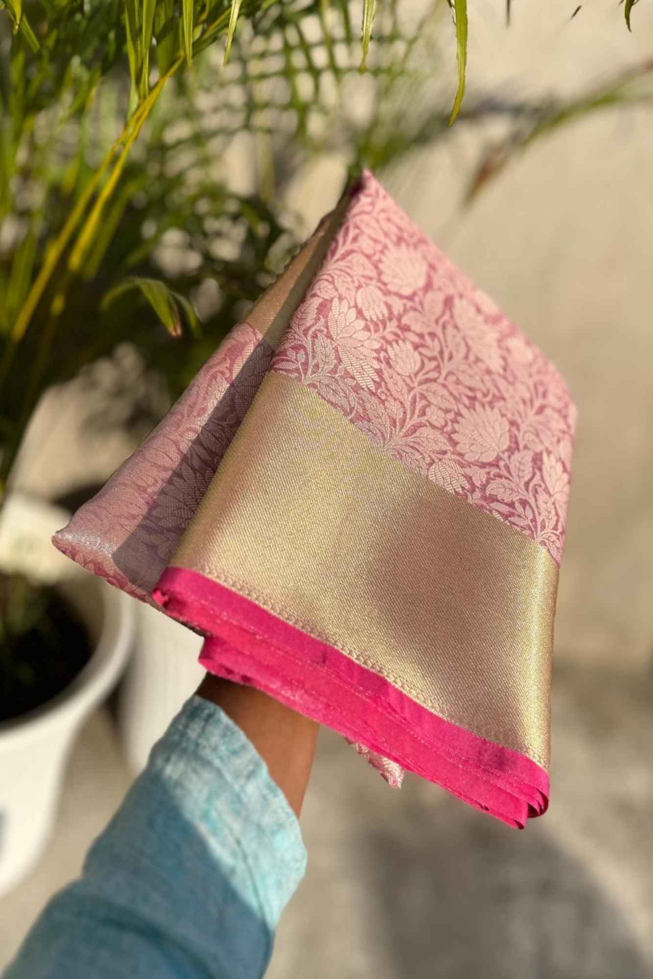 Banarasi ready to wear saree with ornate pallu and zari woven border