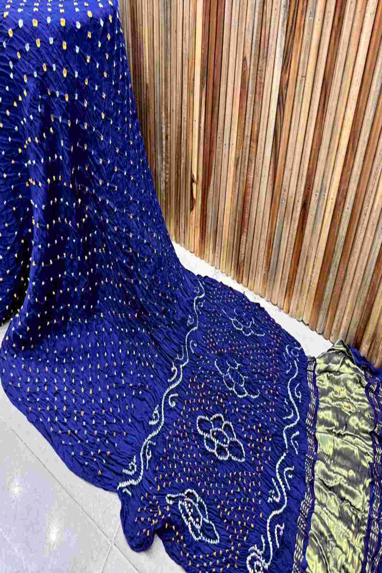 Beautiful Gaji Silk Ek Dani Traditional Bandhani in a stunning navy blue Wrap in 1 Minute Saree