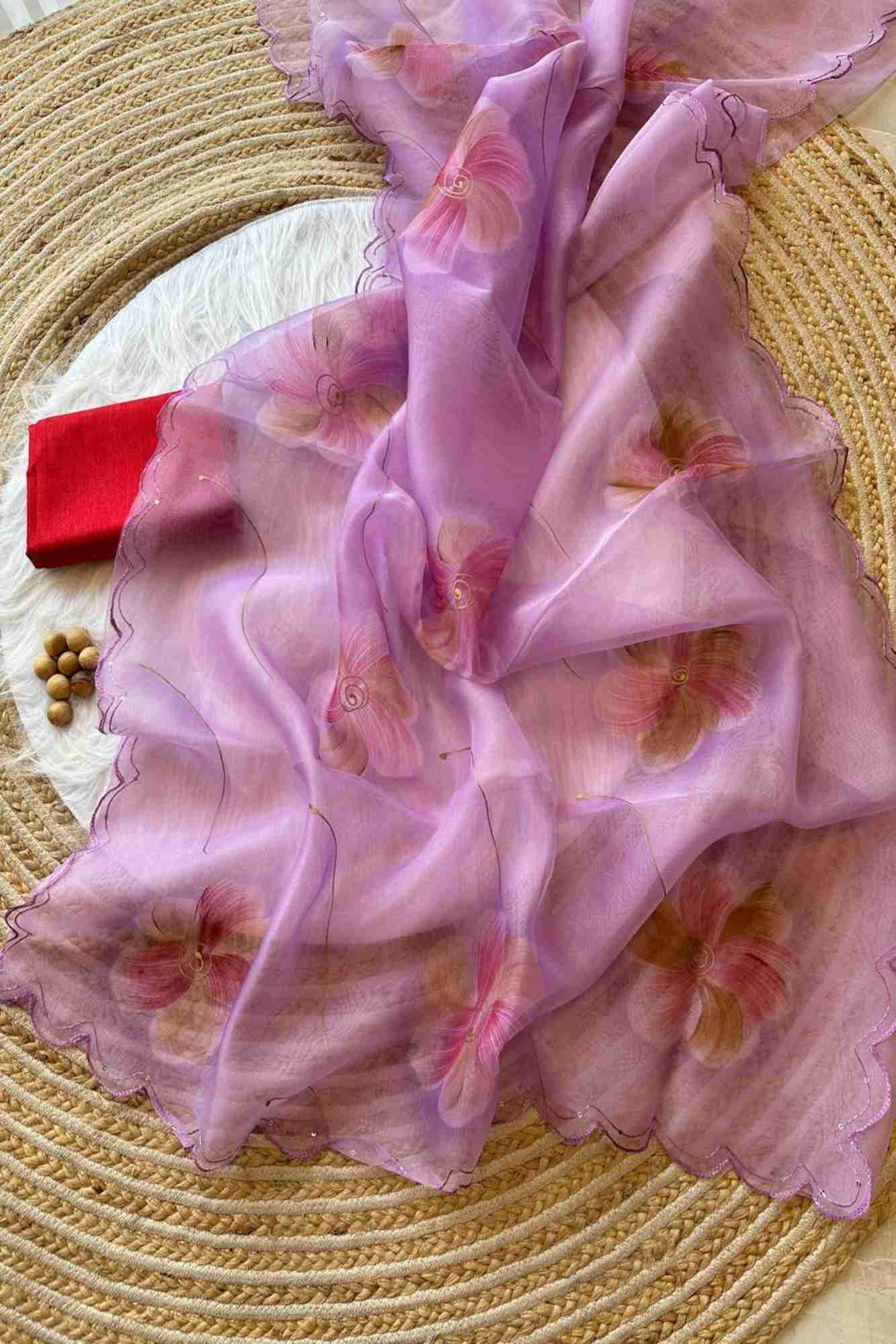 Beautiful Floral Hand Painted Organza Silk With Sequins Work In Scalloped Border Wrap In 1 Minute Saree