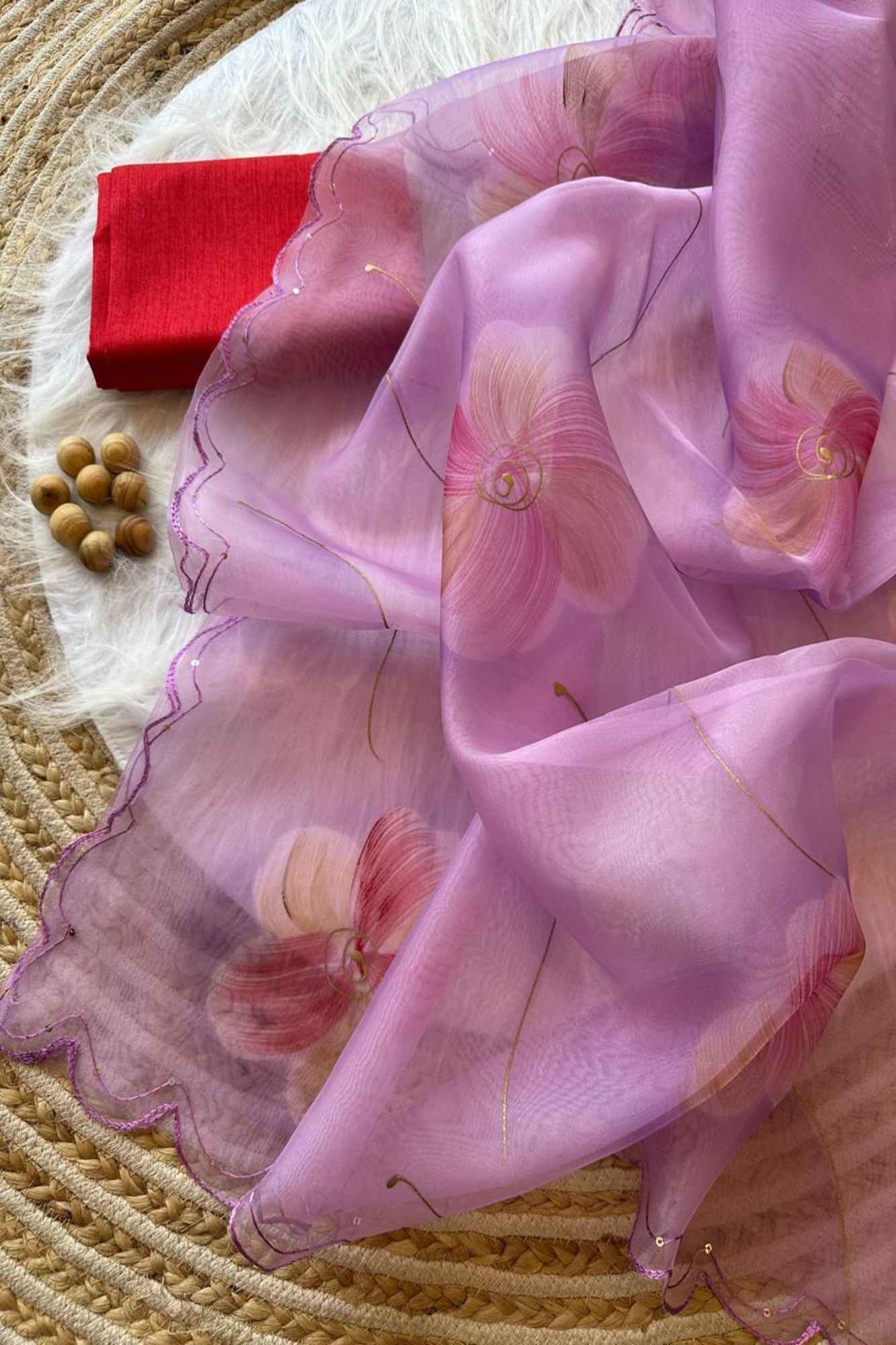 Beautiful Floral Hand Painted Organza Silk With Sequins Work In Scalloped Border Wrap In 1 Minute Saree