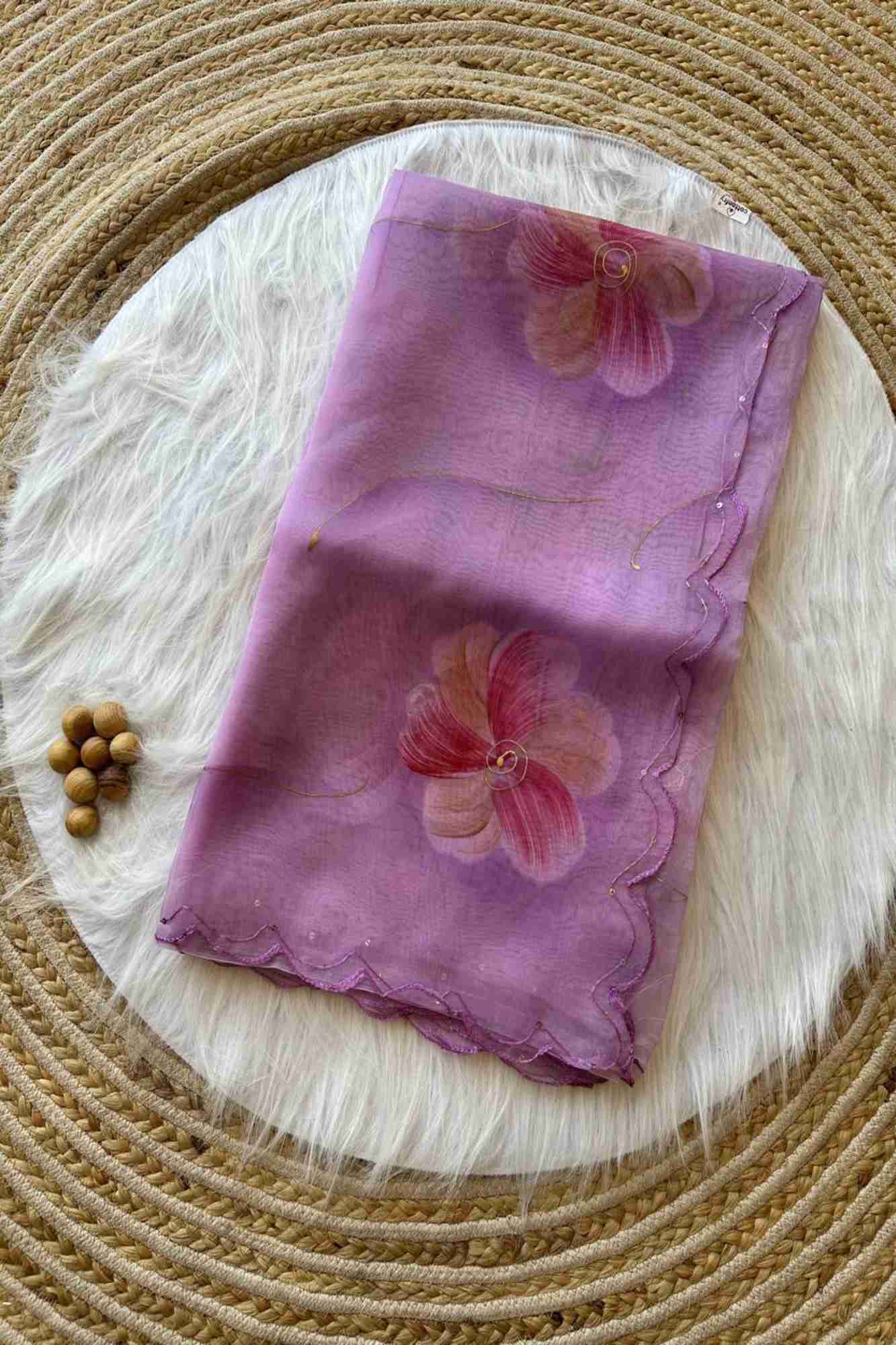 Beautiful Floral Hand Painted Organza Silk With Sequins Work In Scalloped Border Wrap In 1 Minute Saree