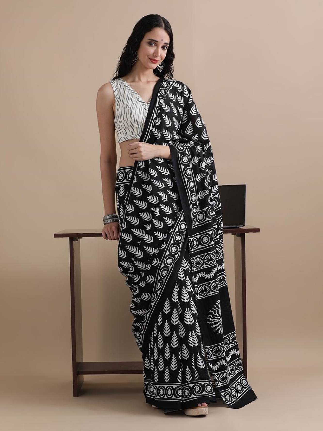 Ready To wear Pure Mul Mul Cotton Black saree with Vegetable dye Hand Block print