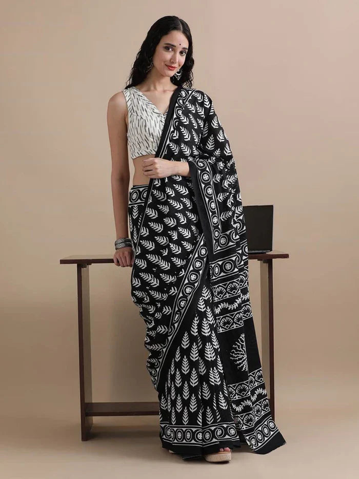 Ready To wear Black Pure Mul Mul Cotton Black saree with Vegetable dye Hand Block print