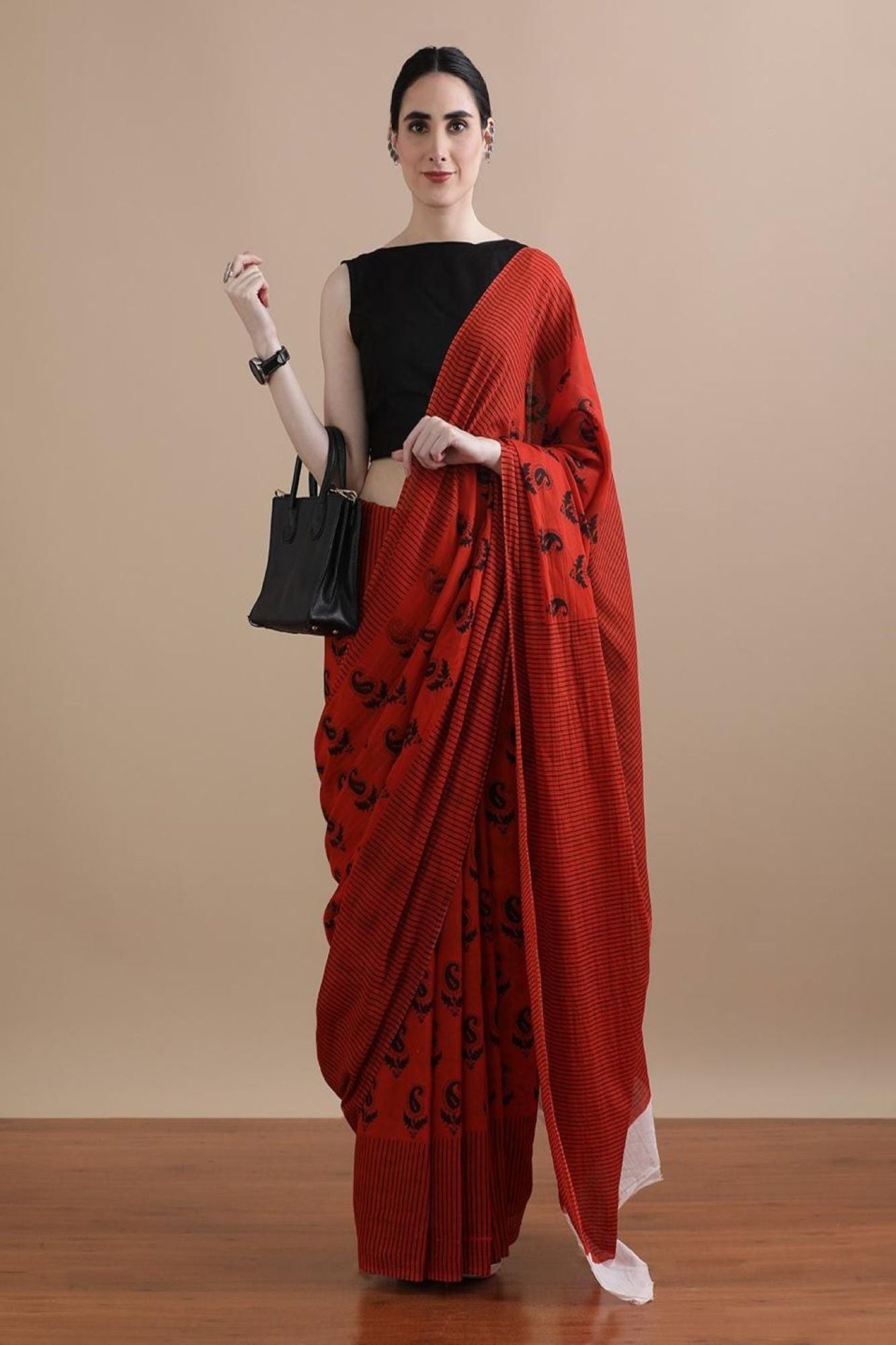 Pure Mul Mul Cotton Red ready to wear saree with Vegetable dye Hand Block print Wrap In 1 Minute Saree