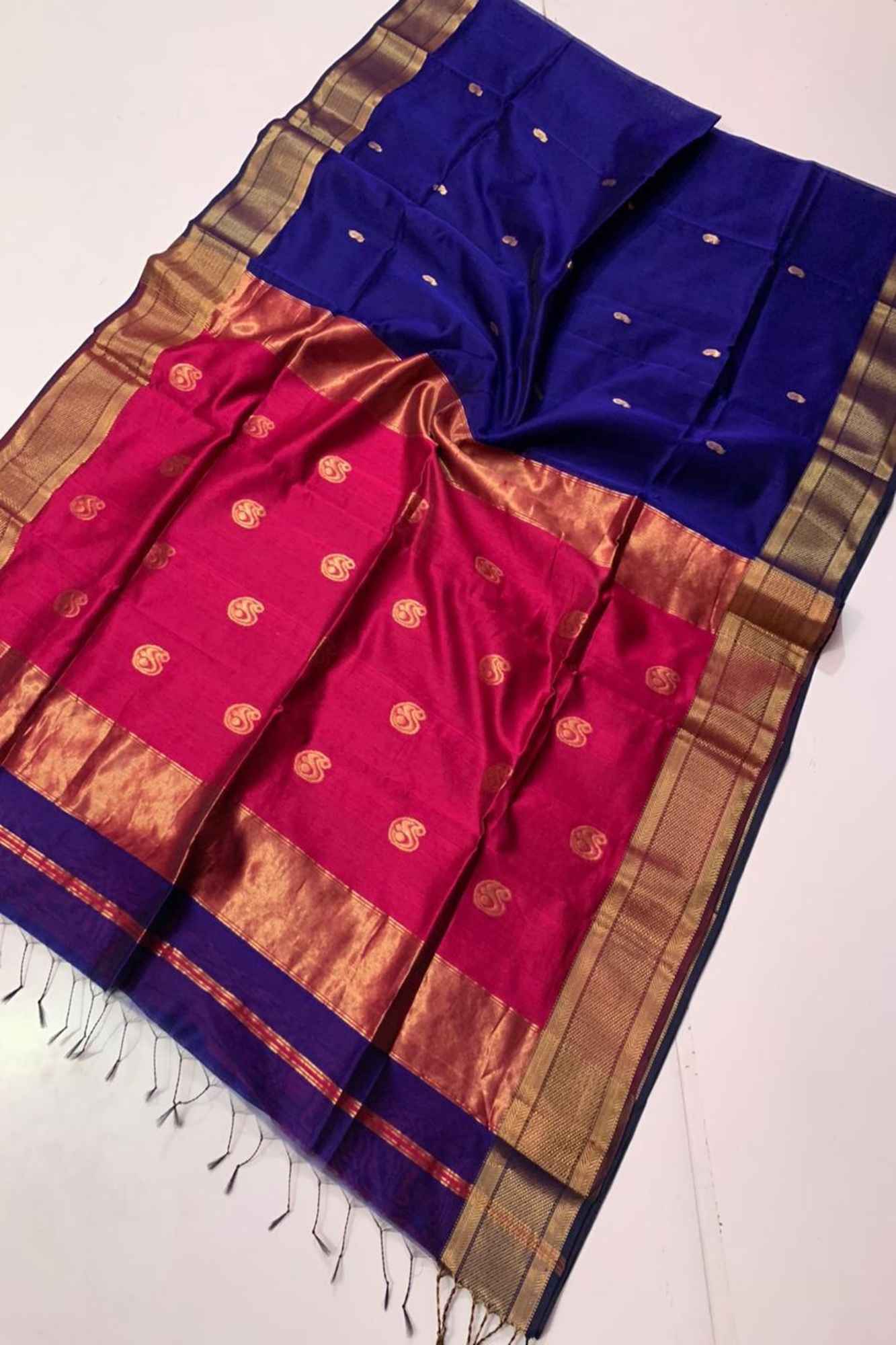 Cotton Silk with Combination of Blue and Pink in golden accents & Maheshwari pattern Wrap in 1 Minute Saree