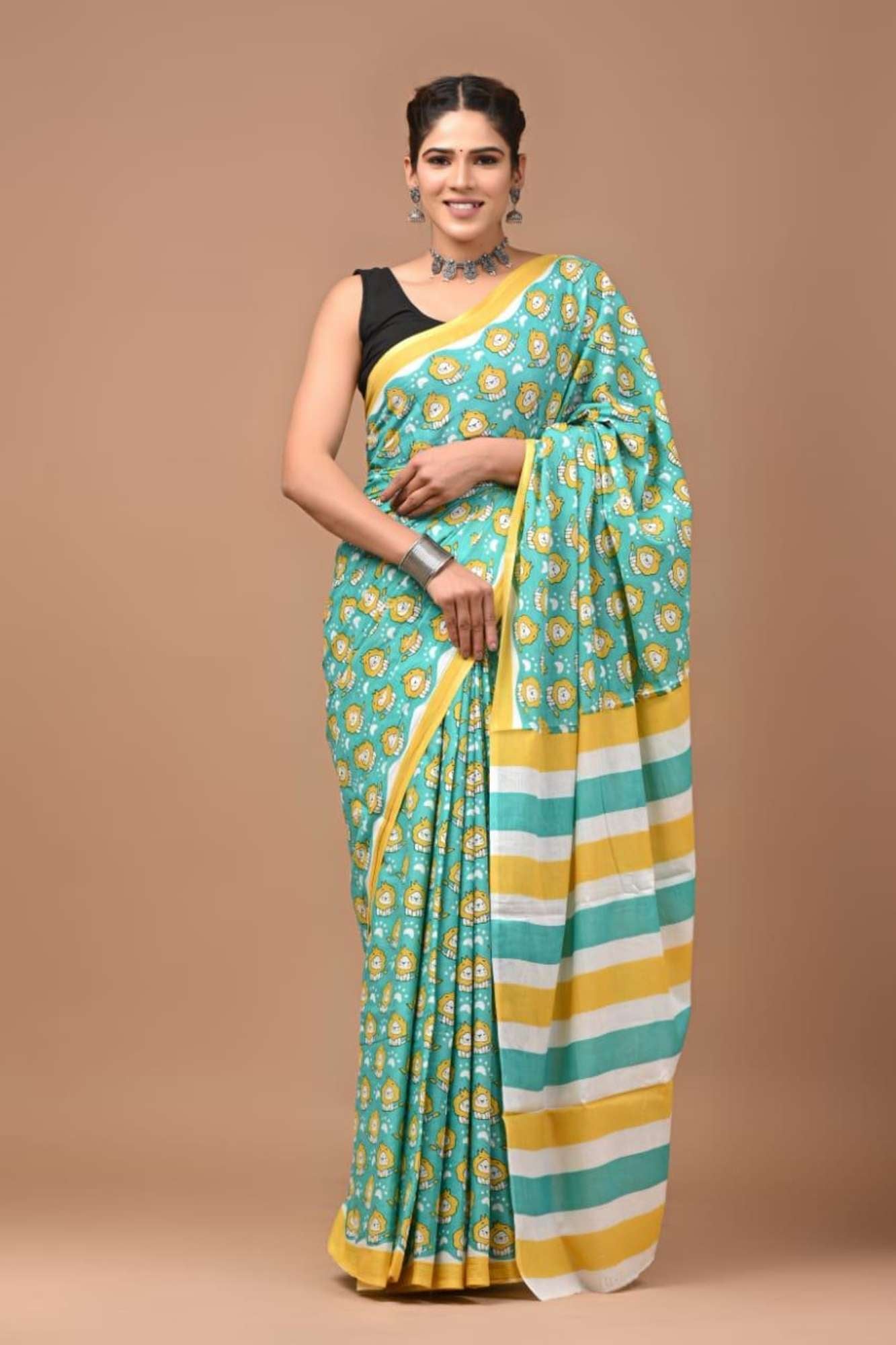 Beautiful green Mul mul Cotton with Allover Hand Block Printed Ready to wear mulmul Saree