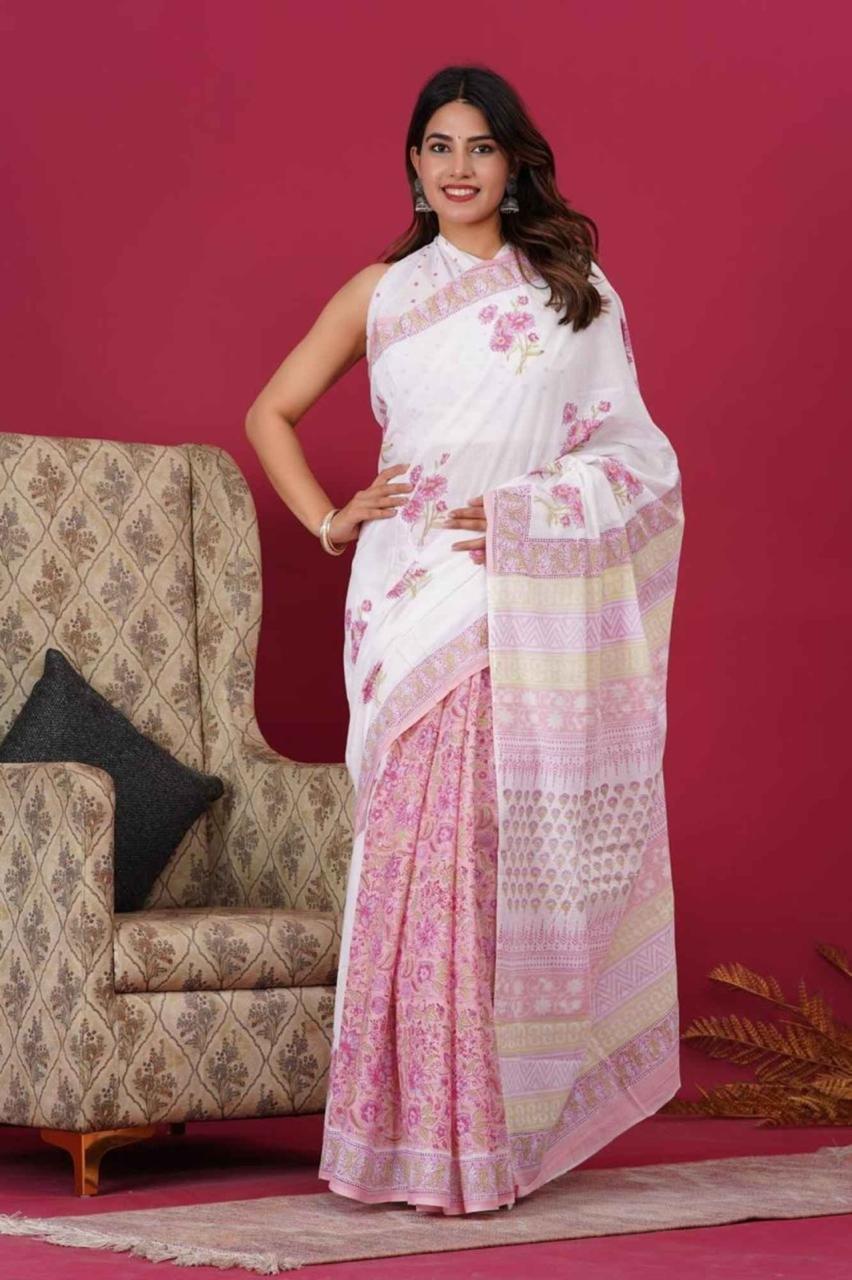 Pure Mulmul cotton with All Over vegetable dye Hand Block Printed Ready To Wear Saree