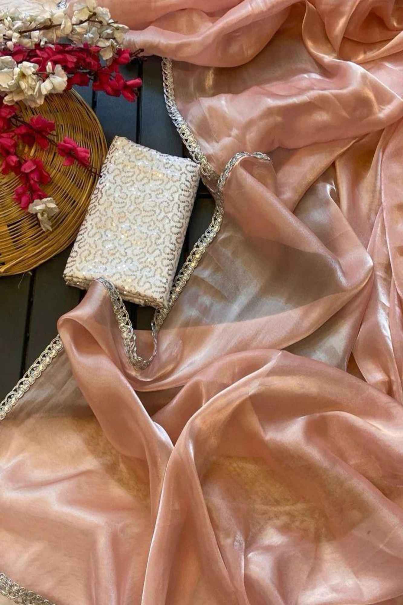 Elegant Peach Chiffon Silk with Overall Silver Lace Ready to wear Saree
