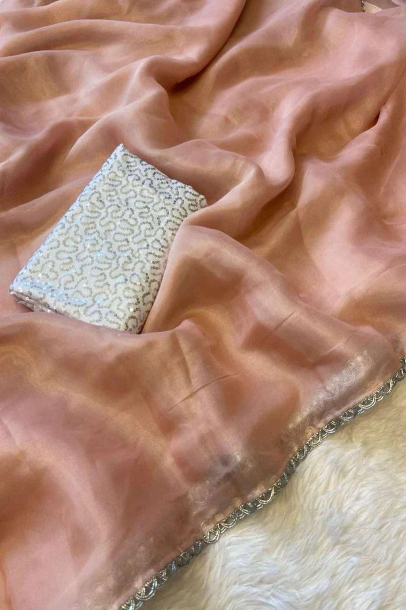 Elegant Peach Chiffon Silk with Overall Silver Lace Ready to wear Saree