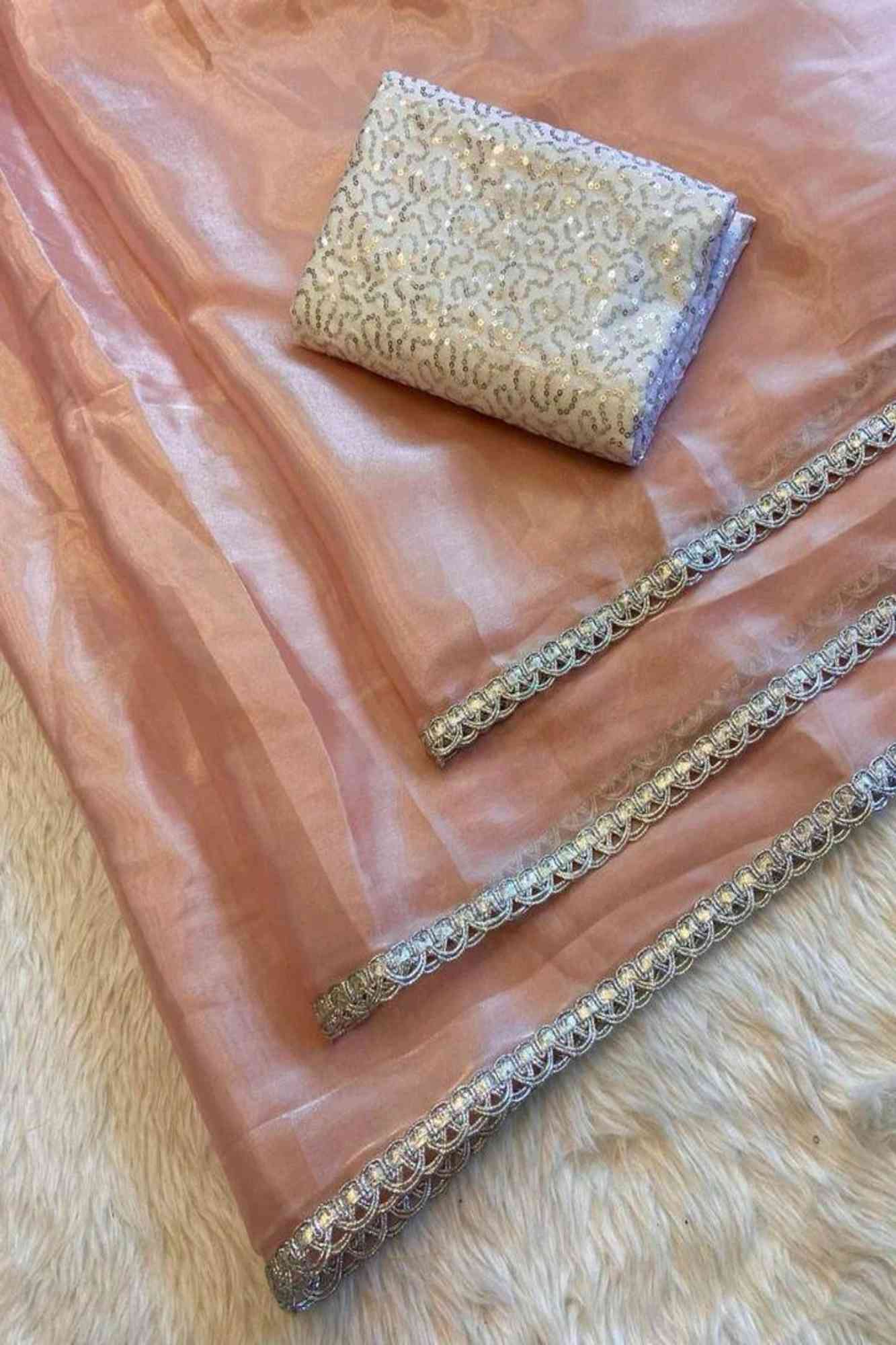 Elegant Peach Chiffon Silk with Overall Silver Lace Ready to wear Saree
