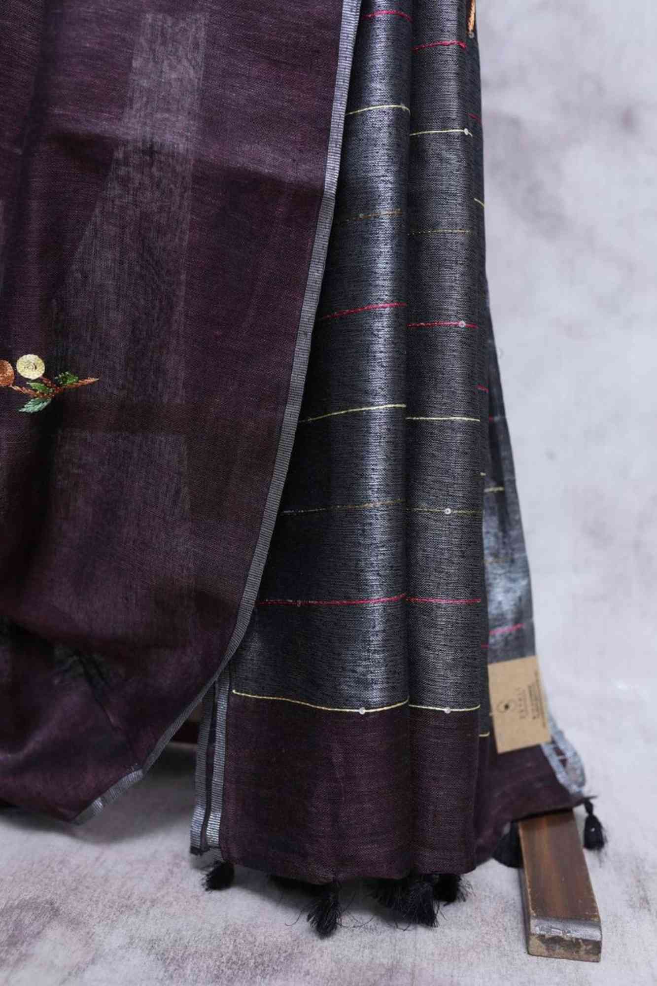 Ready to Wear Linen Silk ready to wear Saree with Hand Woven & Floral Embroidery Work