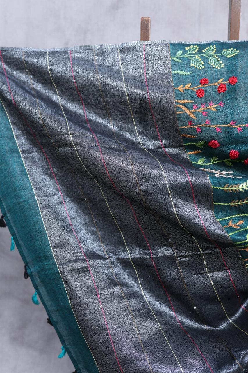 Blue Linen Silk Ready to wear Saree with Hand Woven & Floral Embroidery Work