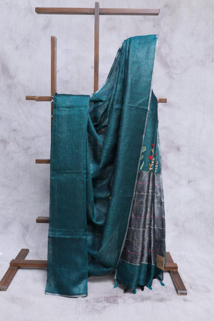Blue Linen Silk Ready to wear Saree with Hand Woven & Floral Embroidery Work