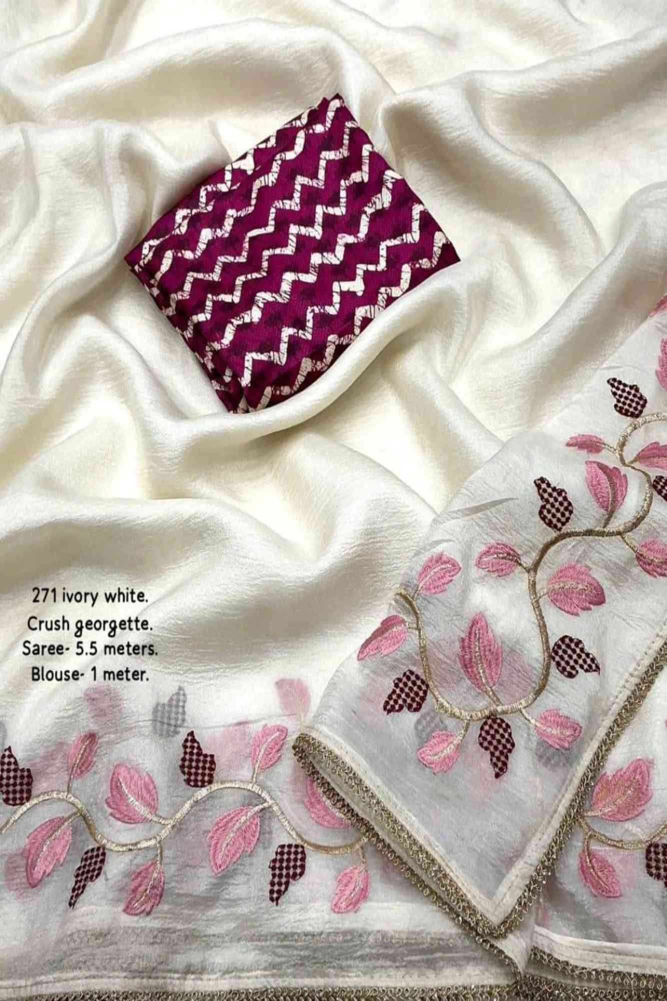 Beautiful White Soft Crush Georgette with Leaf Embroidery & Digital Printed Blouse Ready to wear Saree