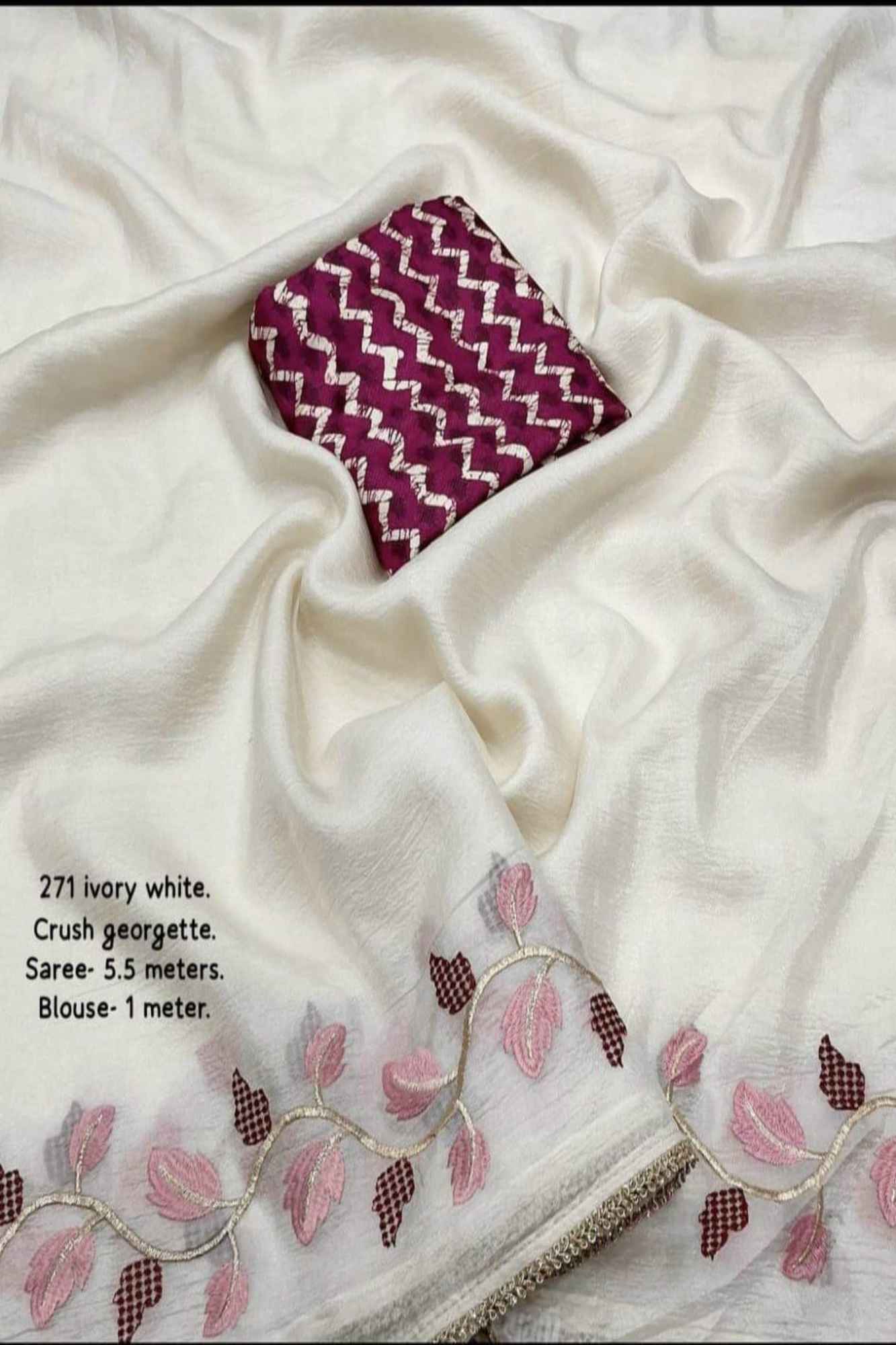 Beautiful White Soft Crush Georgette with Leaf Embroidery & Digital Printed Blouse Ready to wear Saree