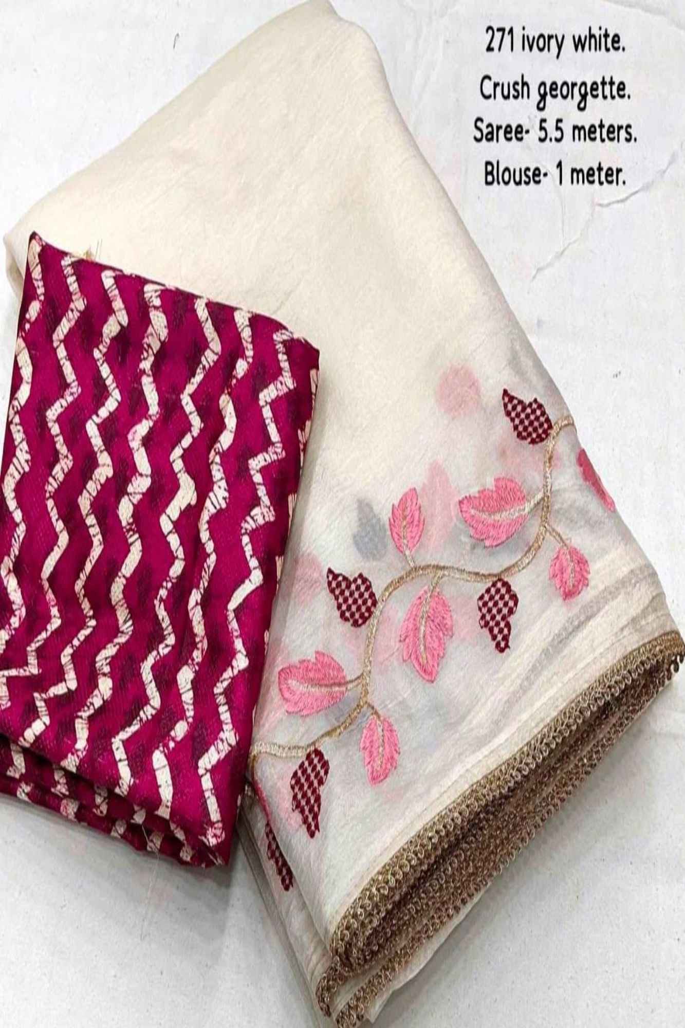 Beautiful White Soft Crush Georgette with Leaf Embroidery & Digital Printed Blouse Ready to wear Saree