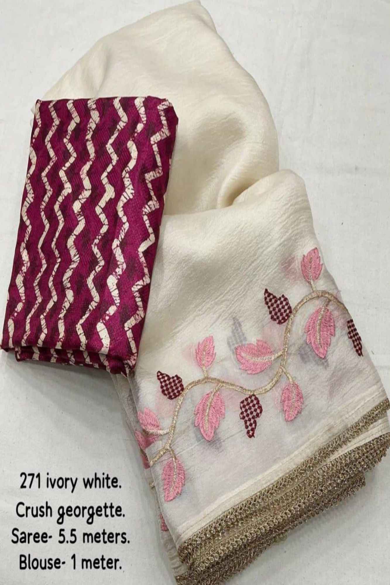 Beautiful White Soft Crush Georgette with Leaf Embroidery & Digital Printed Blouse Ready to wear Saree