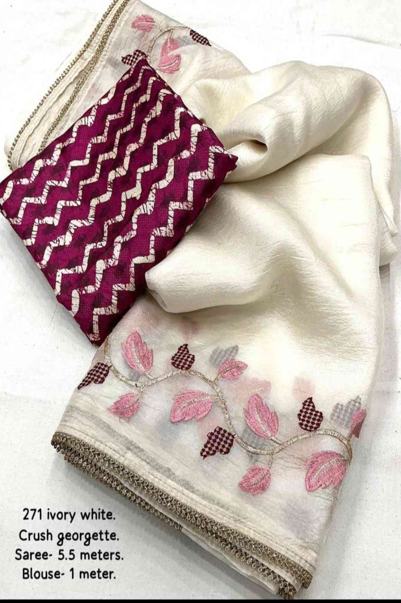 Beautiful White Soft Crush Georgette with Leaf Embroidery & Digital Printed Blouse Ready to wear Saree