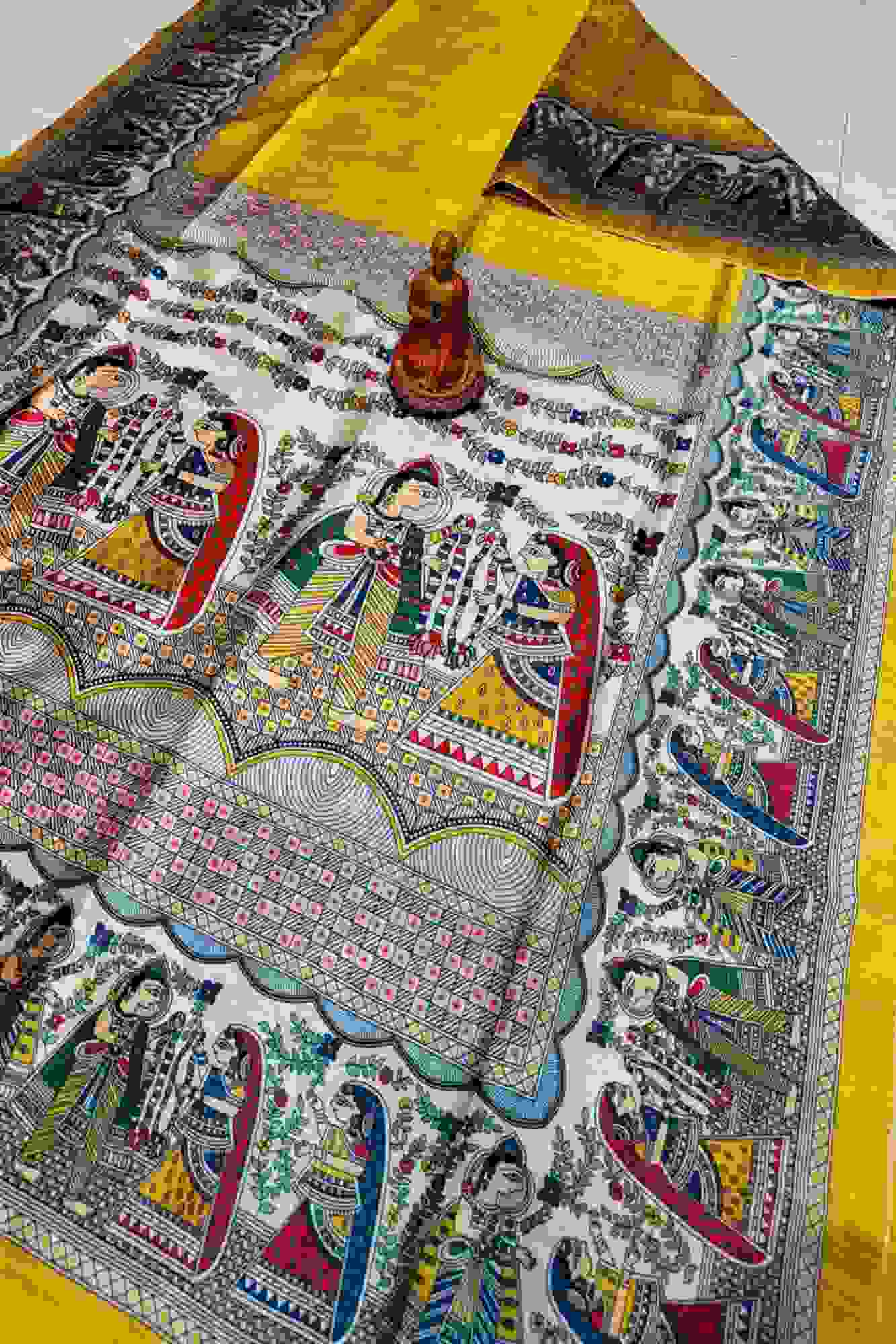 Beautiful Yellow Semi Ghicha Tussar Silk Saree with Madhubani Print Wrap in 1 Minute Saree