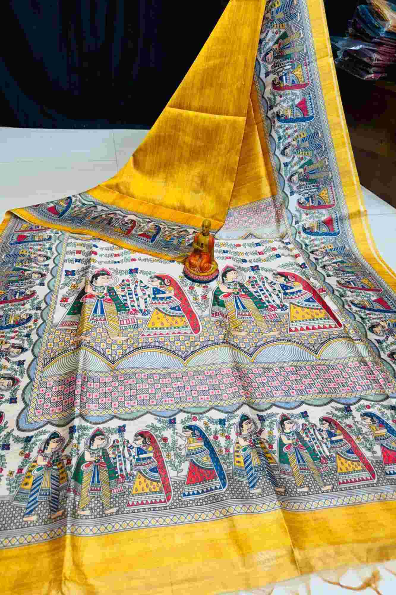 Beautiful Yellow Semi Ghicha Tussar Silk Saree with Madhubani Print Wrap in 1 Minute Saree