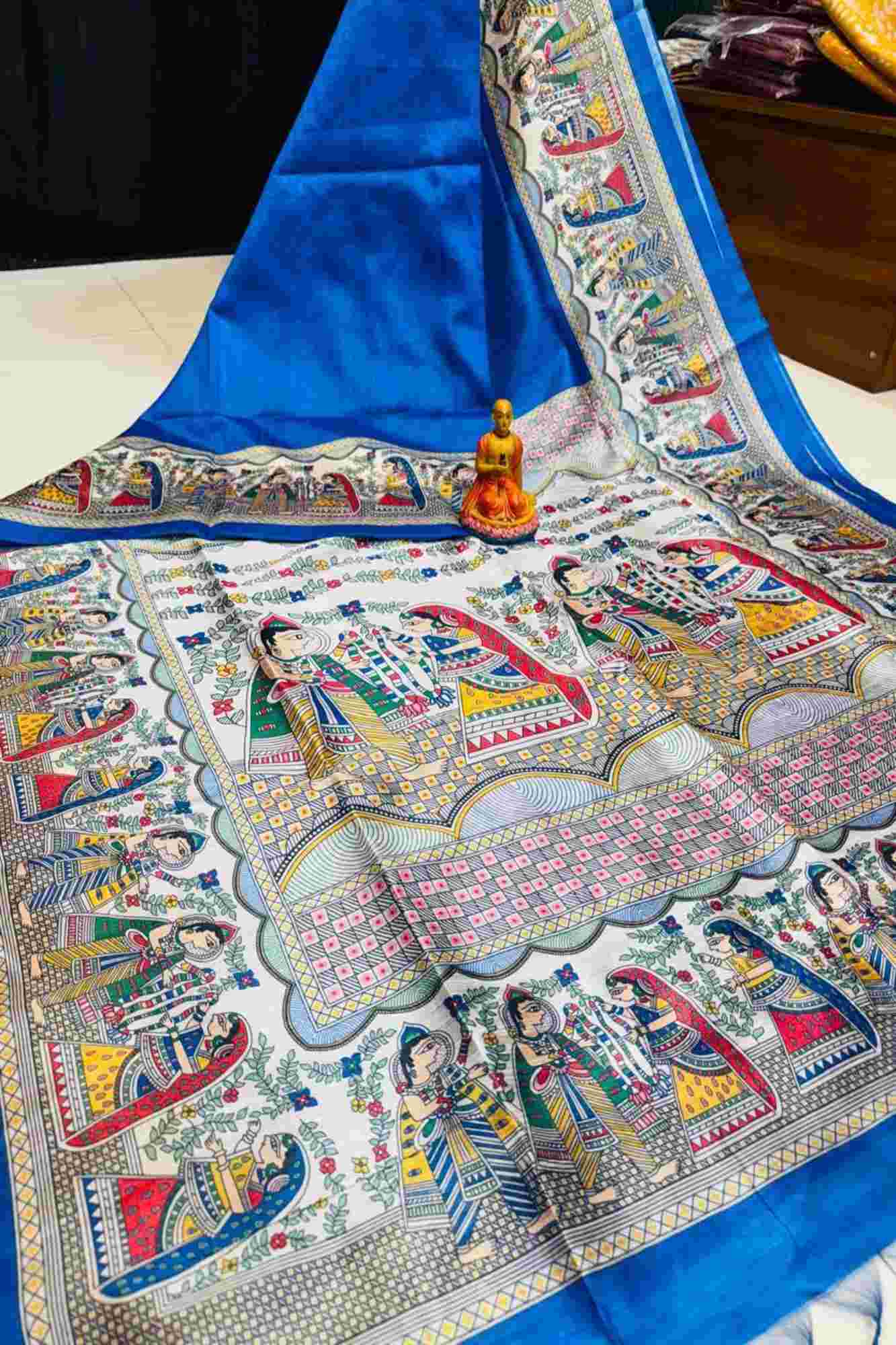 Elegant Blue Semi Ghicha Tussar Silk Saree with Madhubani ready to wear saree