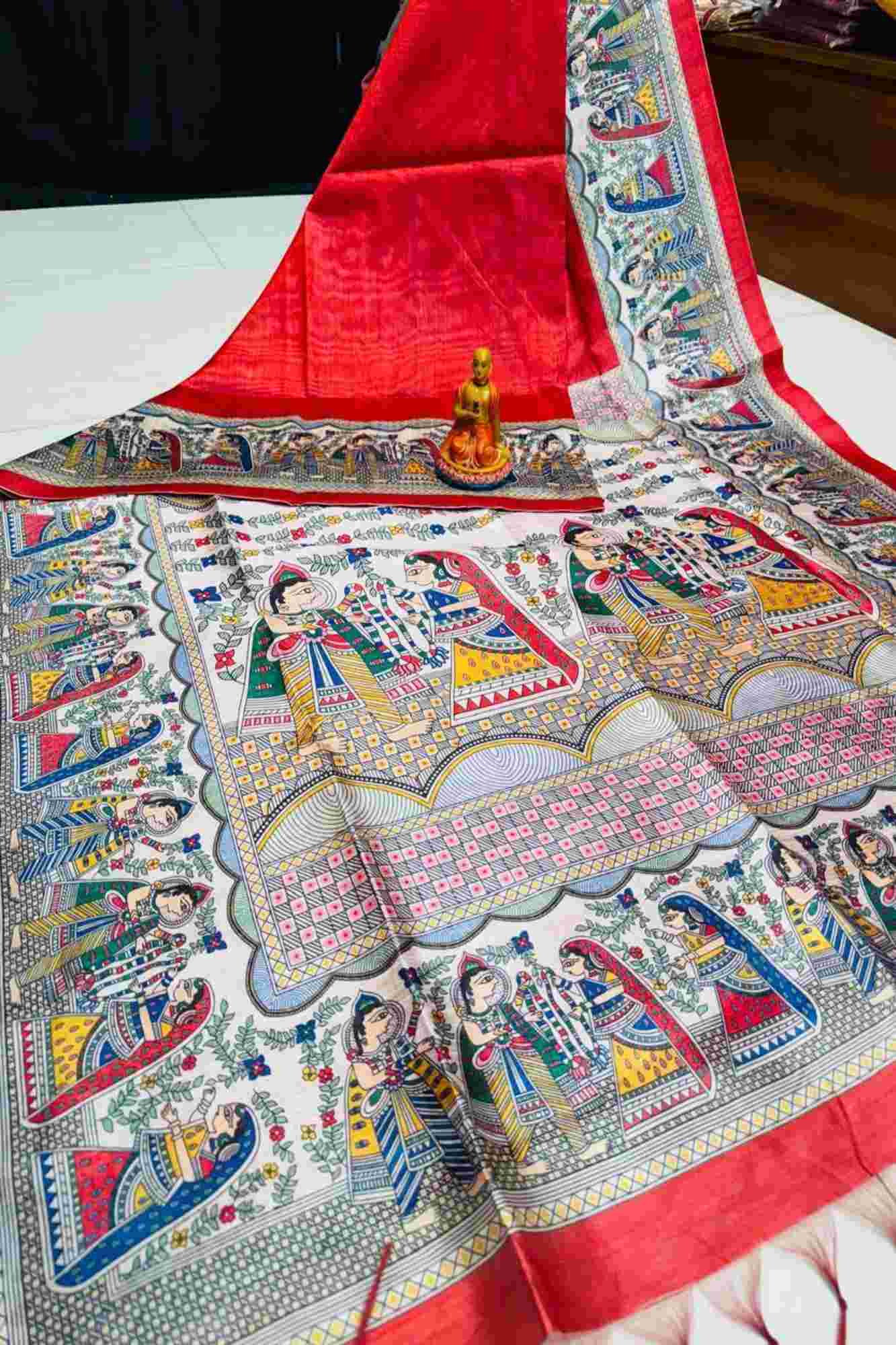 Beautiful Red Semi Ghicha Tussar Silk Saree with Madhubani Print Wrap in 1 Minute Saree