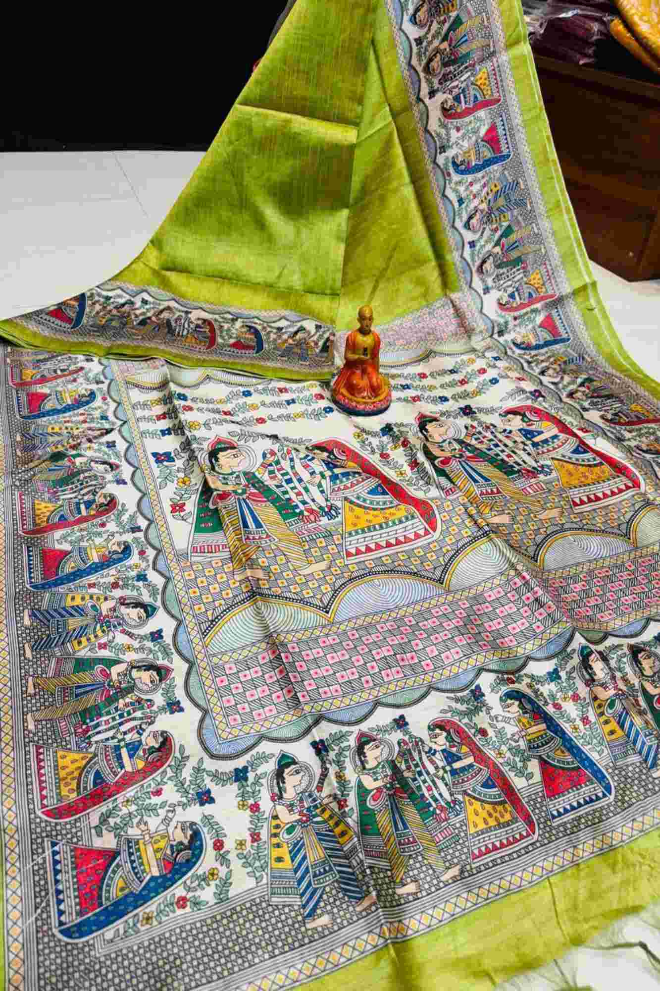 Gorgeous Green Semi Ghicha Tussar Silk Saree with Madhubani Print Wrap in 1 Minute Saree