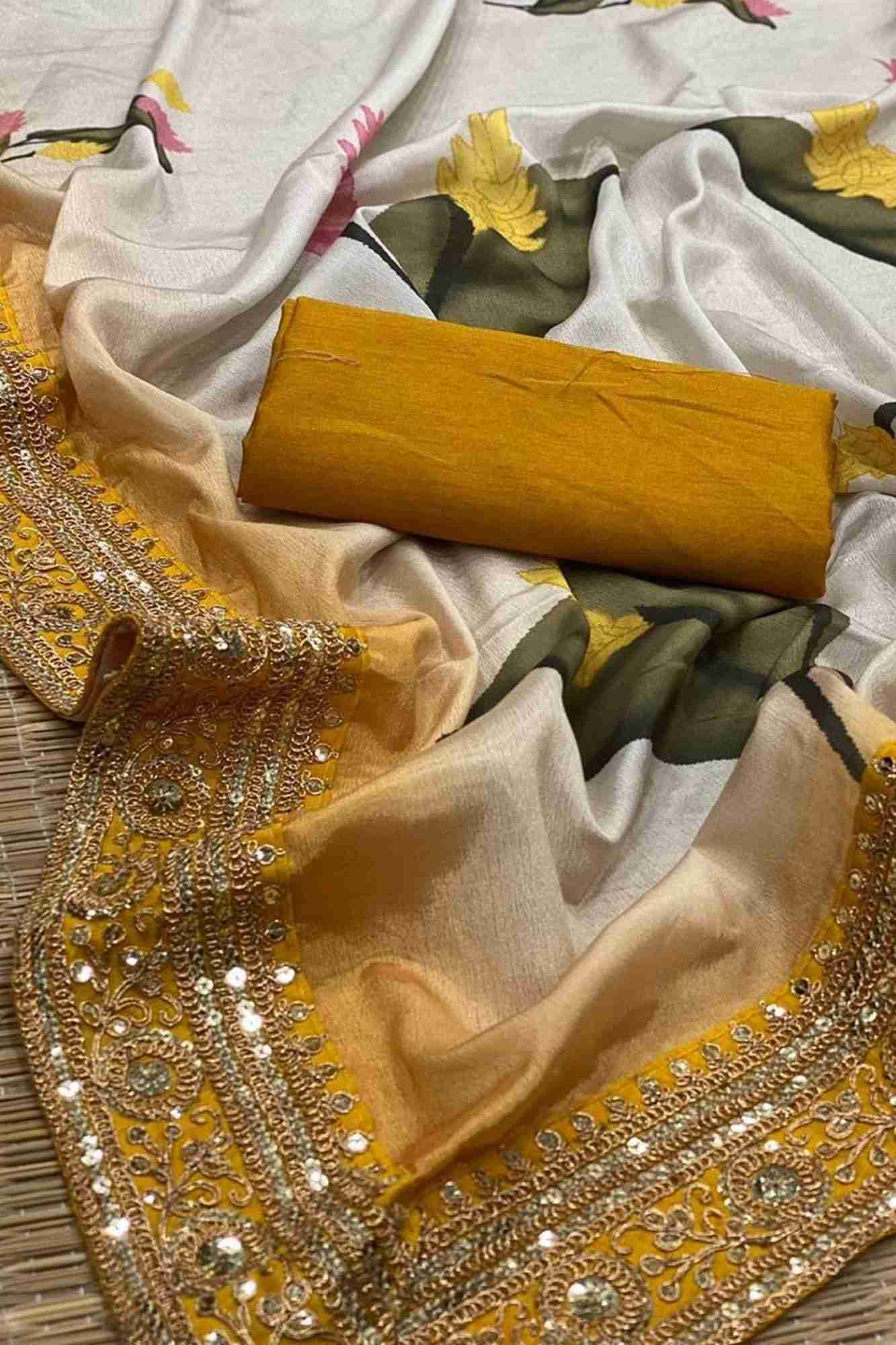 Madhuri Dixit inspired Beautiful Soft Chinnon with Floral Print & Coding Embroidery work Lace Border Wrap in 1 Minute Saree