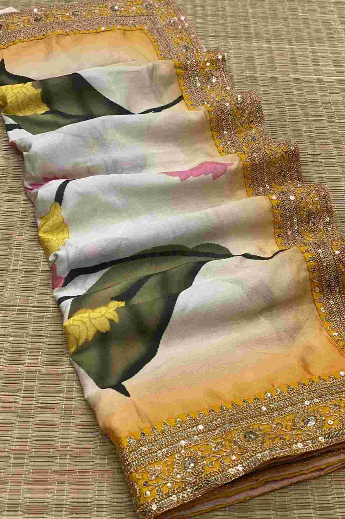 Madhuri Dixit inspired Beautiful Soft Chinnon with Floral Print & Coding Embroidery work Lace Border Wrap in 1 Minute Saree