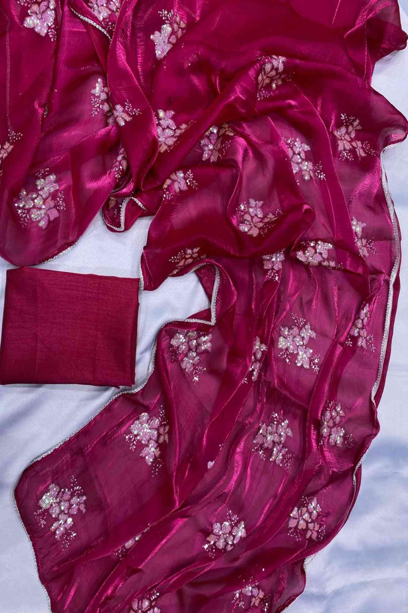 Beautiful Soft Jimi Chu chiffon silk ready to wear Saree with Embroidery, Sequins Work & Cutwork Border Wrap in 1 minute saree