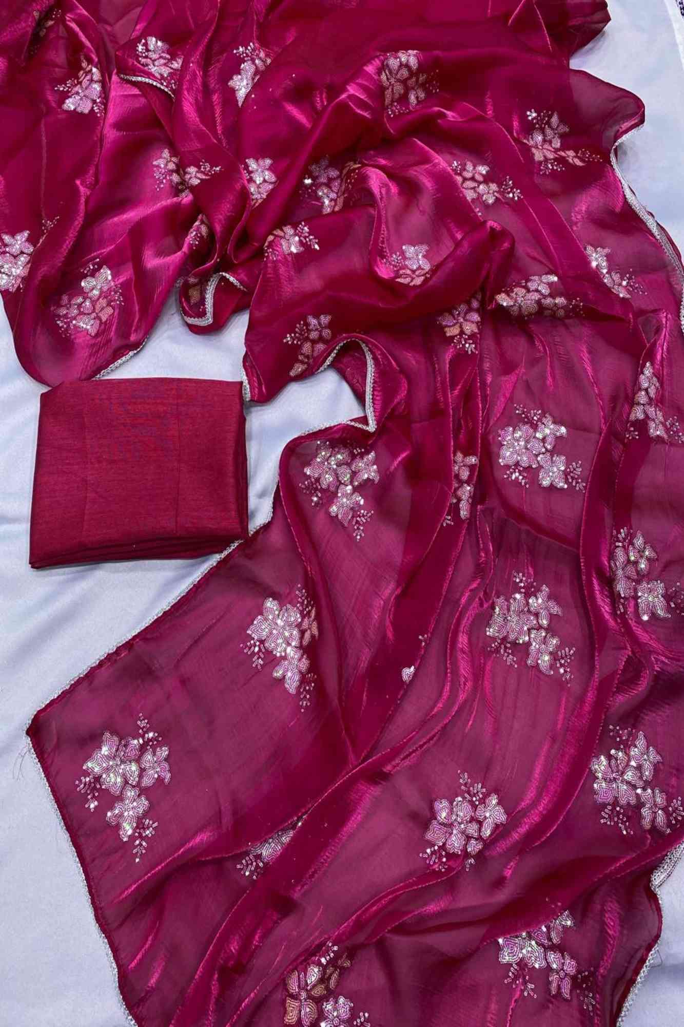 Beautiful Soft Jimi Chu chiffon silk ready to wear Saree with Embroidery, Sequins Work & Cutwork Border Wrap in 1 minute saree