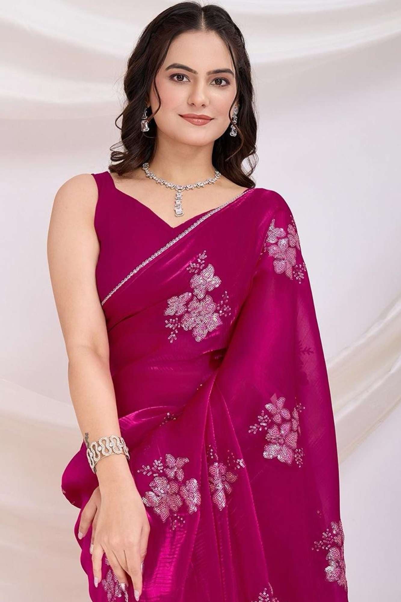 Beautiful Soft Jimi Chu chiffon silk ready to wear Saree with Embroidery, Sequins Work & Cutwork Border Wrap in 1 minute saree