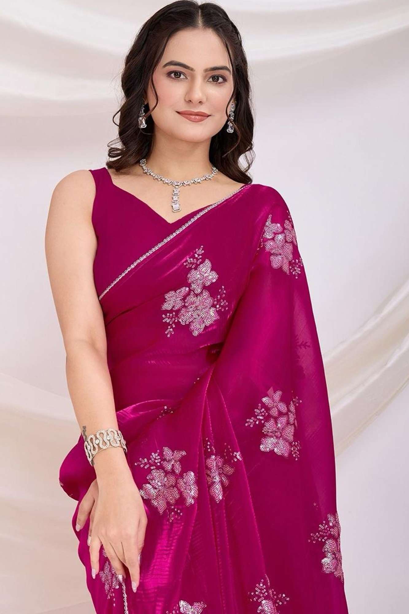 Beautiful Soft Jimi Chu chiffon silk ready to wear Saree with Embroidery, Sequins Work & Cutwork Border Wrap in 1 minute saree
