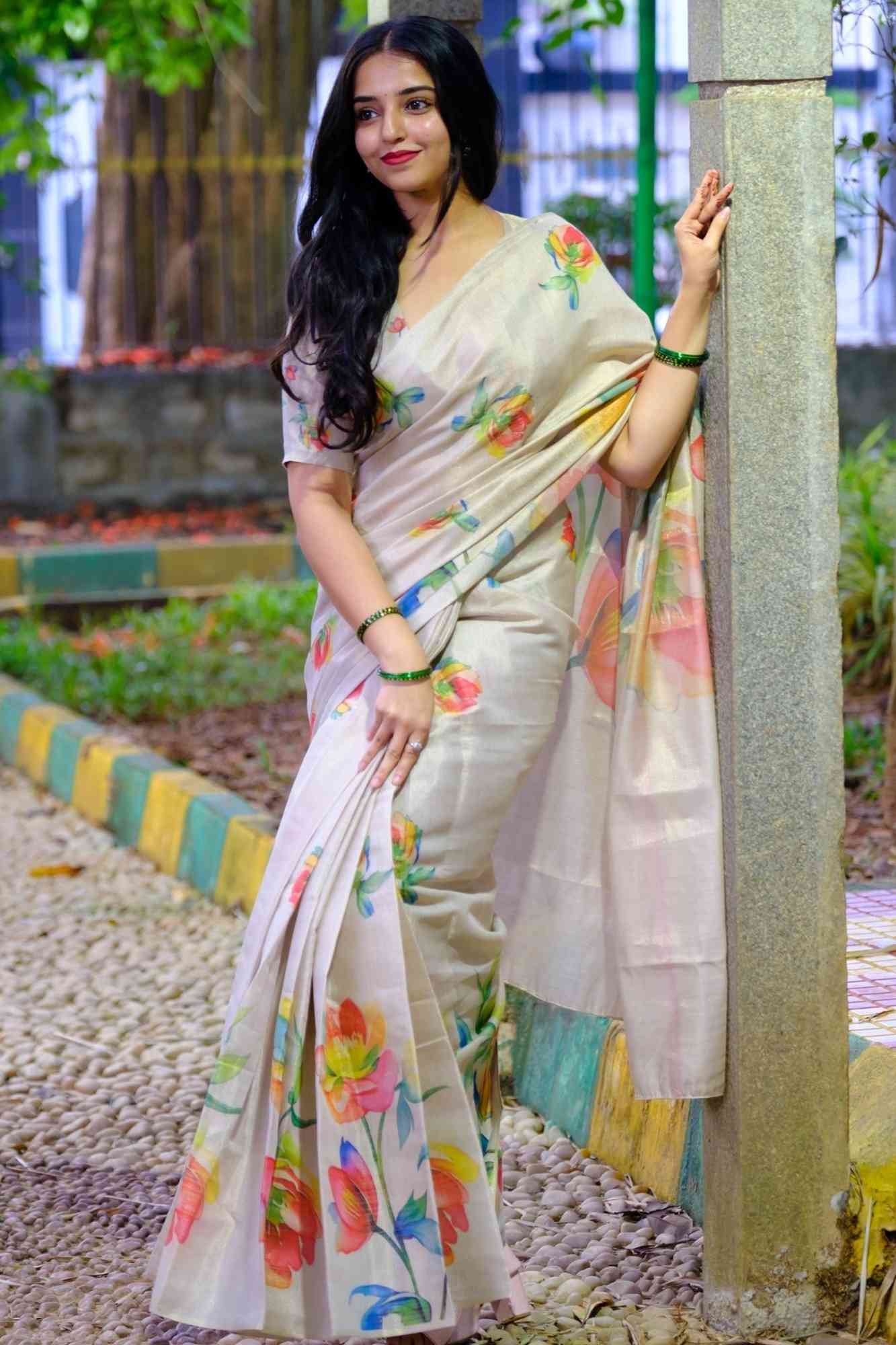 Beautiful White Tissue Cotton With Multicoloured floral Print Ready to wear saree
