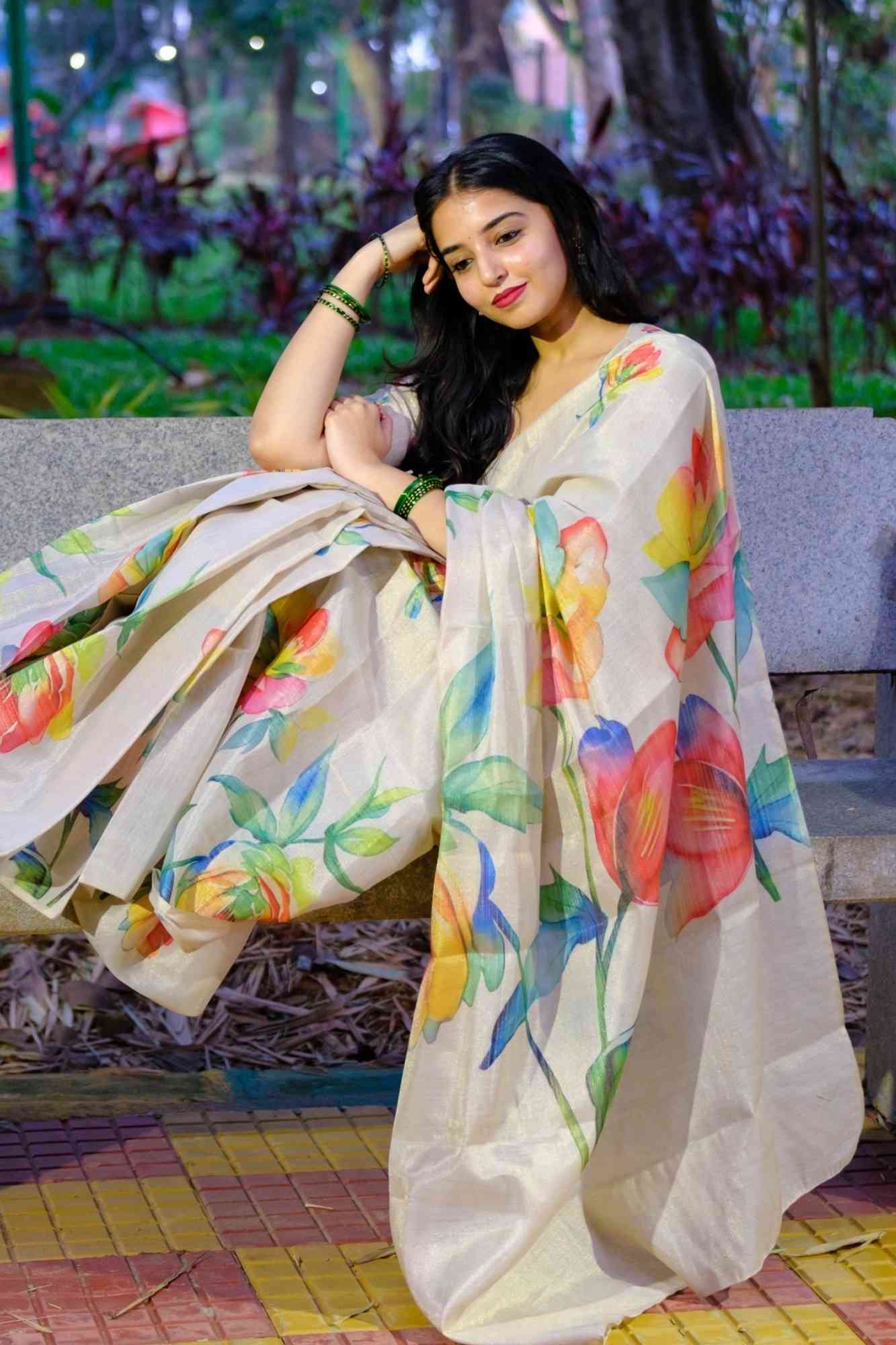 Beautiful White Tissue Cotton With Multicoloured floral Print Ready to wear saree