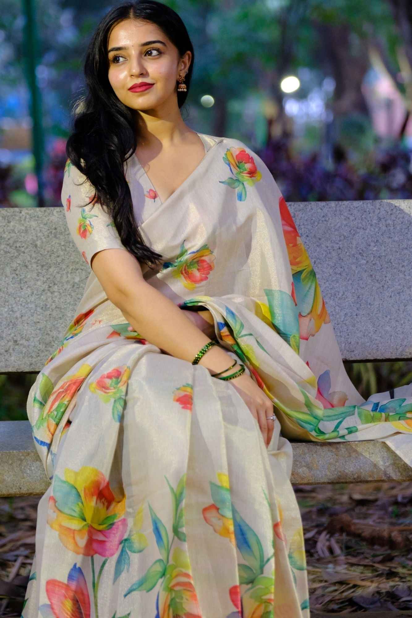 Beautiful White Tissue Cotton With Multicoloured floral Print Ready to wear saree