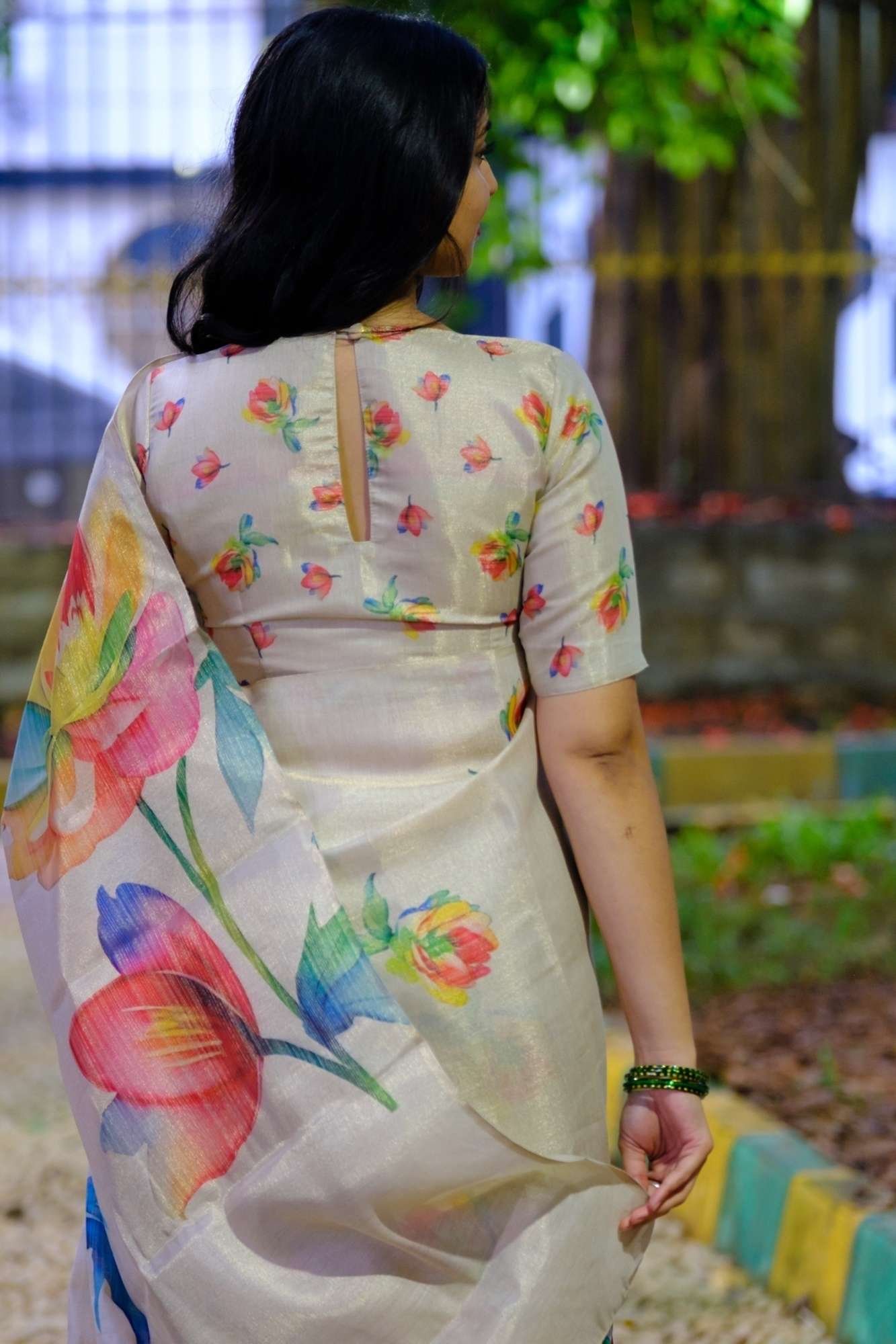Beautiful White Tissue Cotton With Multicoloured floral Print Ready to wear saree