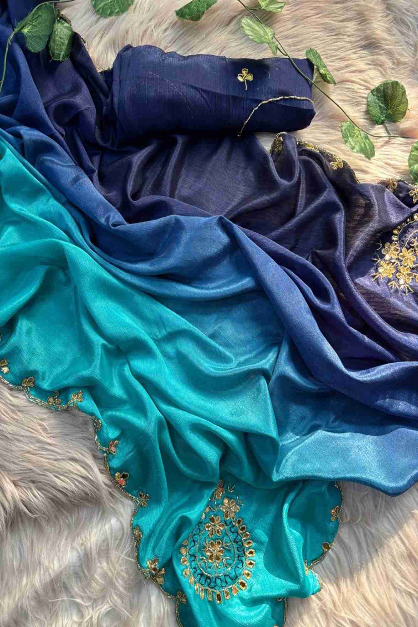 Blue Chinon with All-Over Butta Work and Hand Work Border Ready to Wear Saree