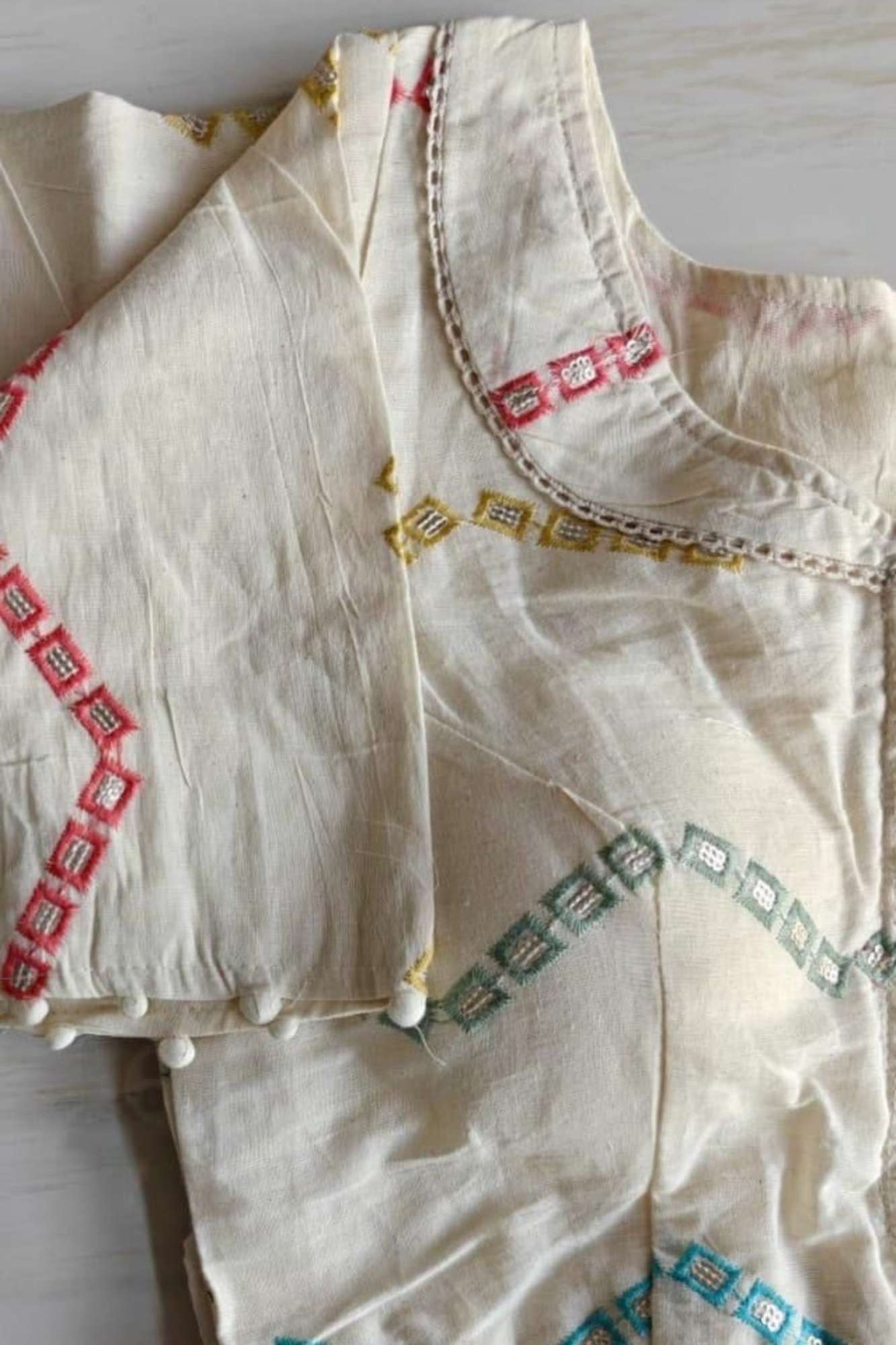 Camric Khadi Off White Multicolour Embroidery With Pompom on Sleeves Ready Blouse