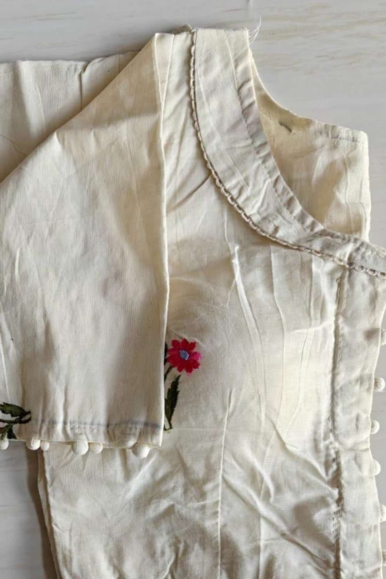 Traditional Camric Khadi White Floral Embroidered Blouse With Pompom on Sleeves