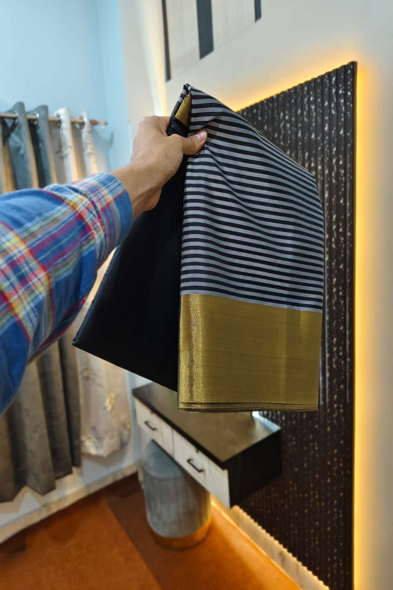 Raveena Tandon inspired semi katan silk Black & White Striped with Gold Zari Border Ready To Wear Saree