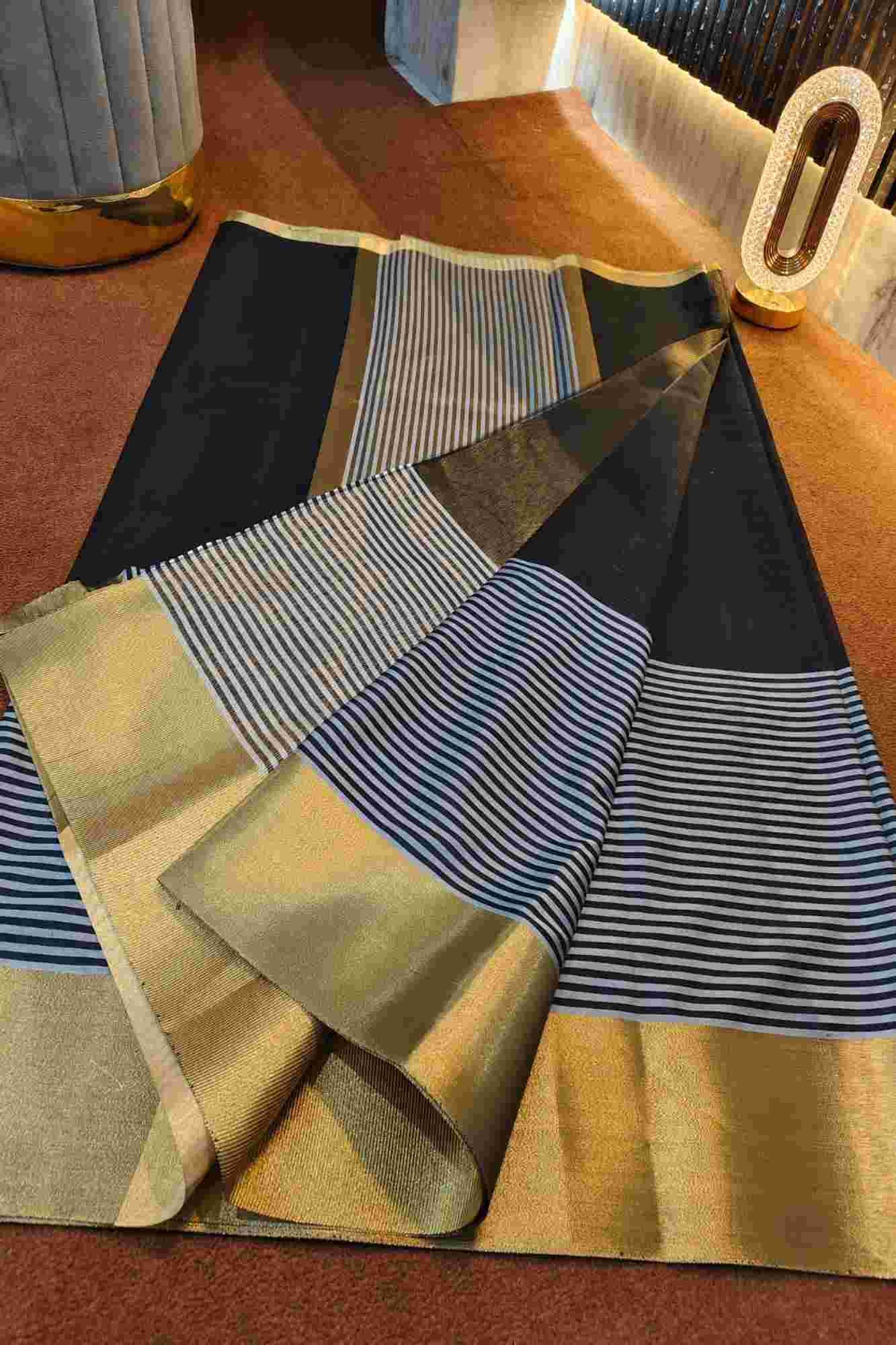 Raveena Tandon inspired semi katan silk Black & White Striped with Gold Zari Border Ready To Wear Saree