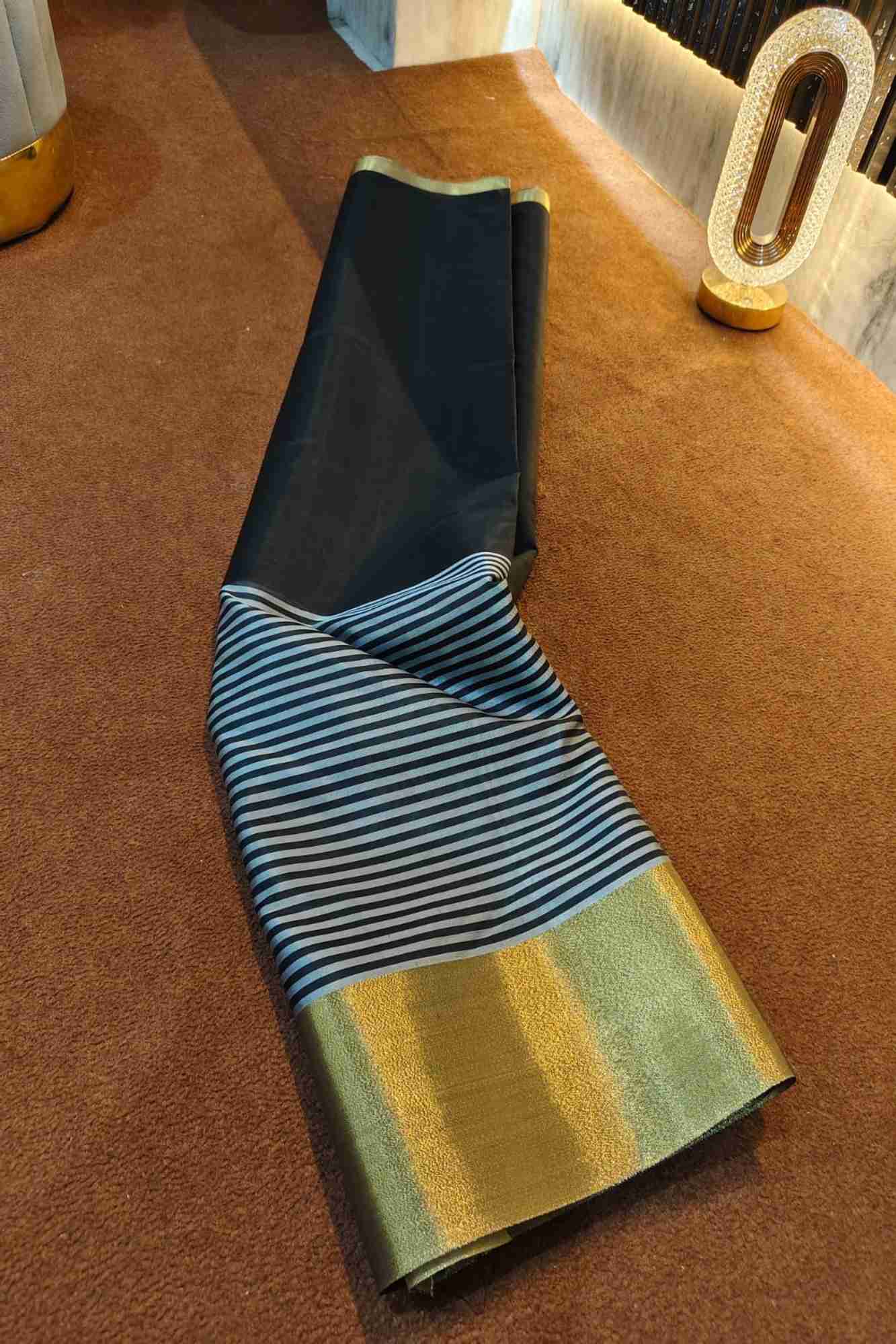 Raveena Tandon inspired semi katan silk Black & White Striped with Gold Zari Border Ready To Wear Saree